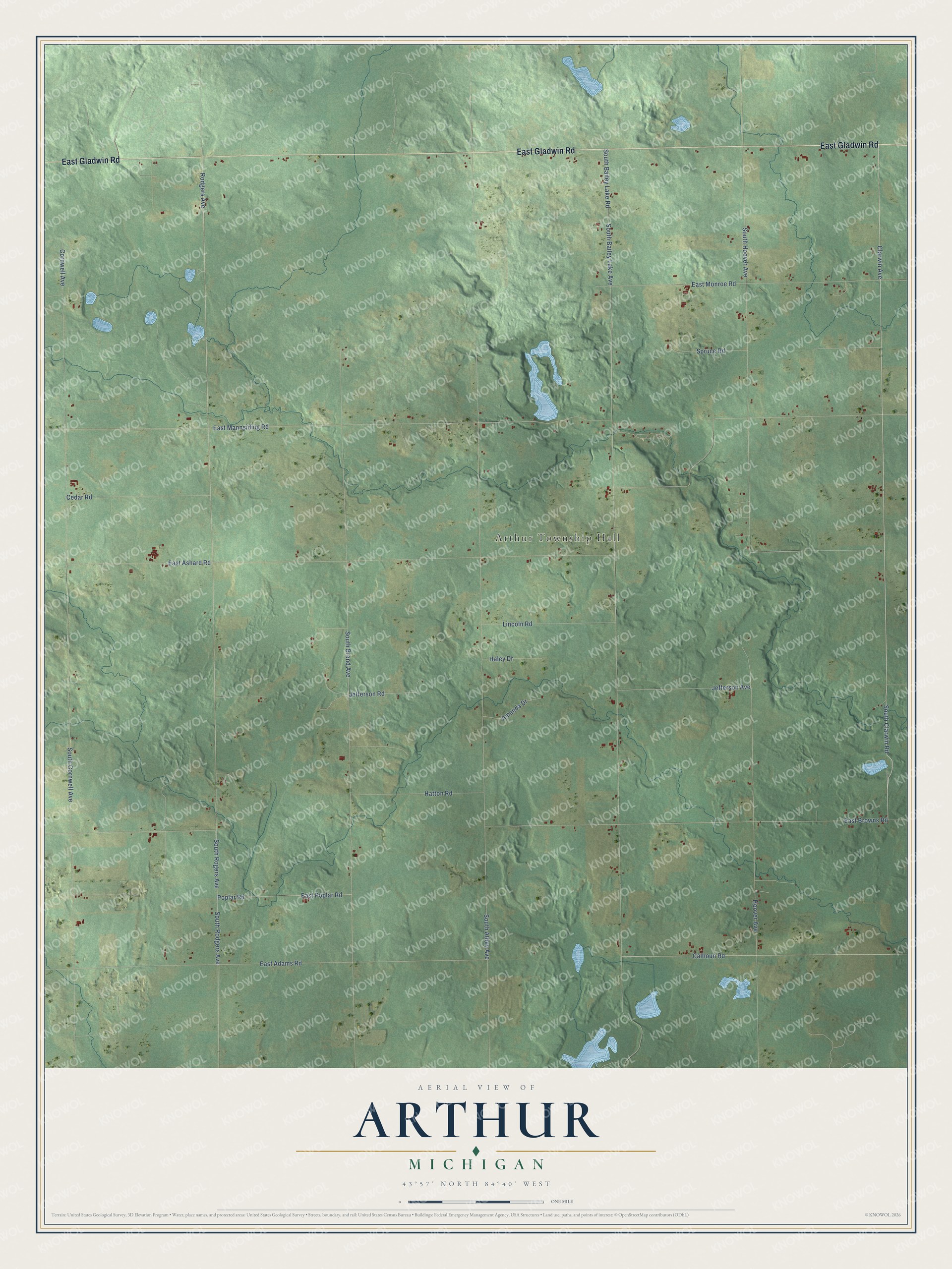 Full map of Arthur, Michigan, with red buildings, printed street names and the land around them