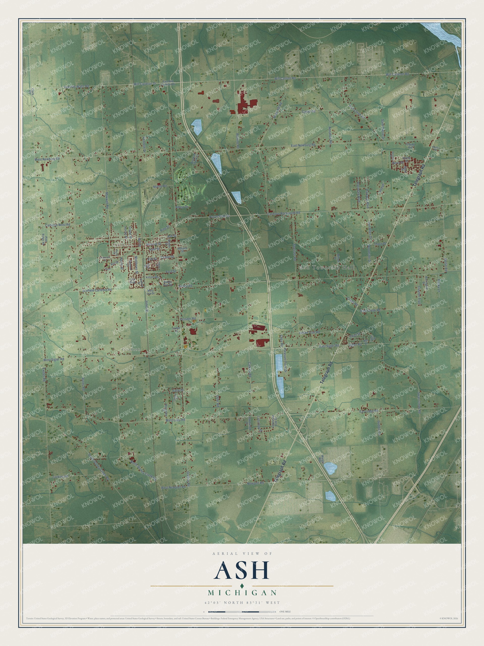 Full map of Ash, Michigan, with red buildings, printed street names and the land around them