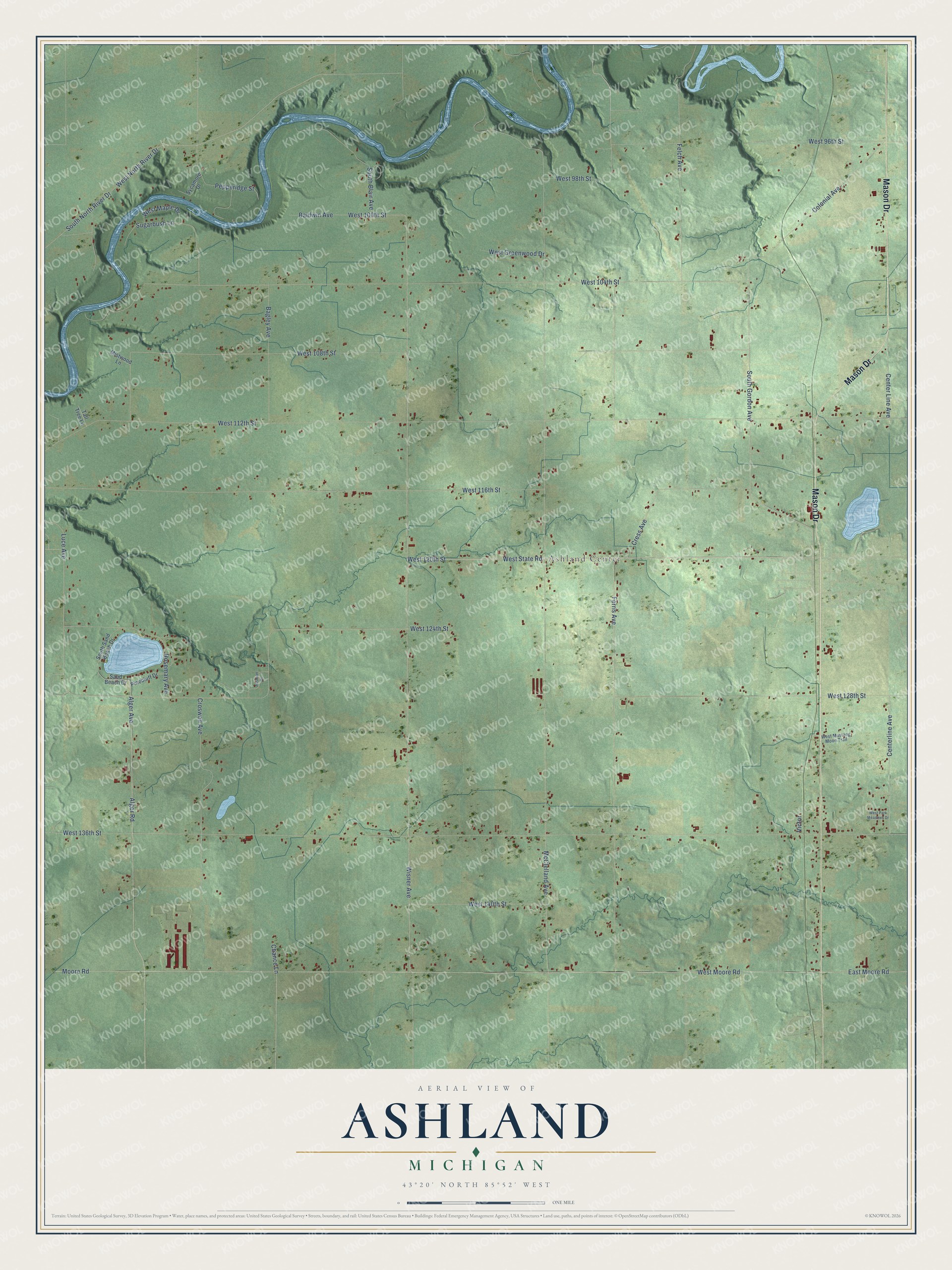 Full map of Ashland, Michigan, with red buildings, printed street names and the land around them