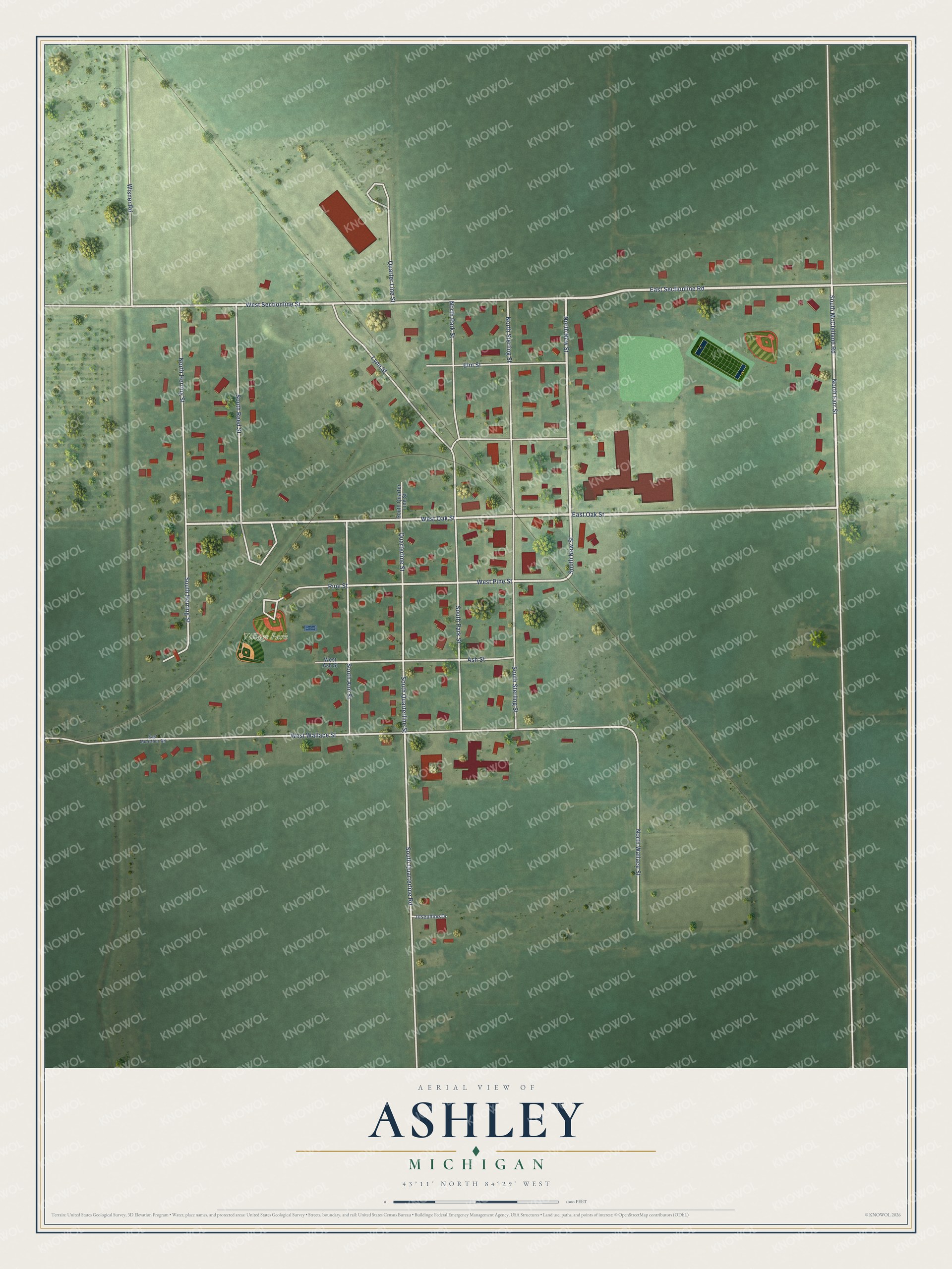 Full map of Ashley, Michigan, with red buildings, printed street names and the land around them