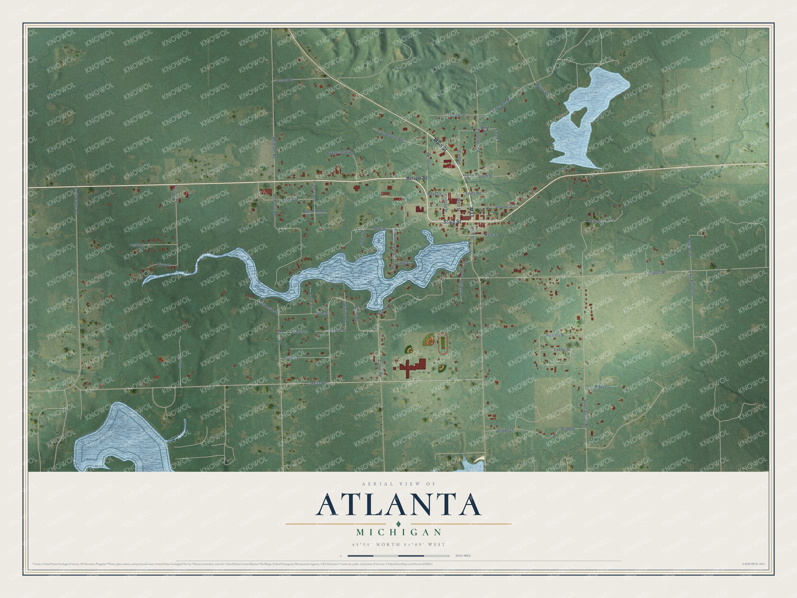 Full map of Atlanta, Michigan, with red buildings, printed street names and the land around them