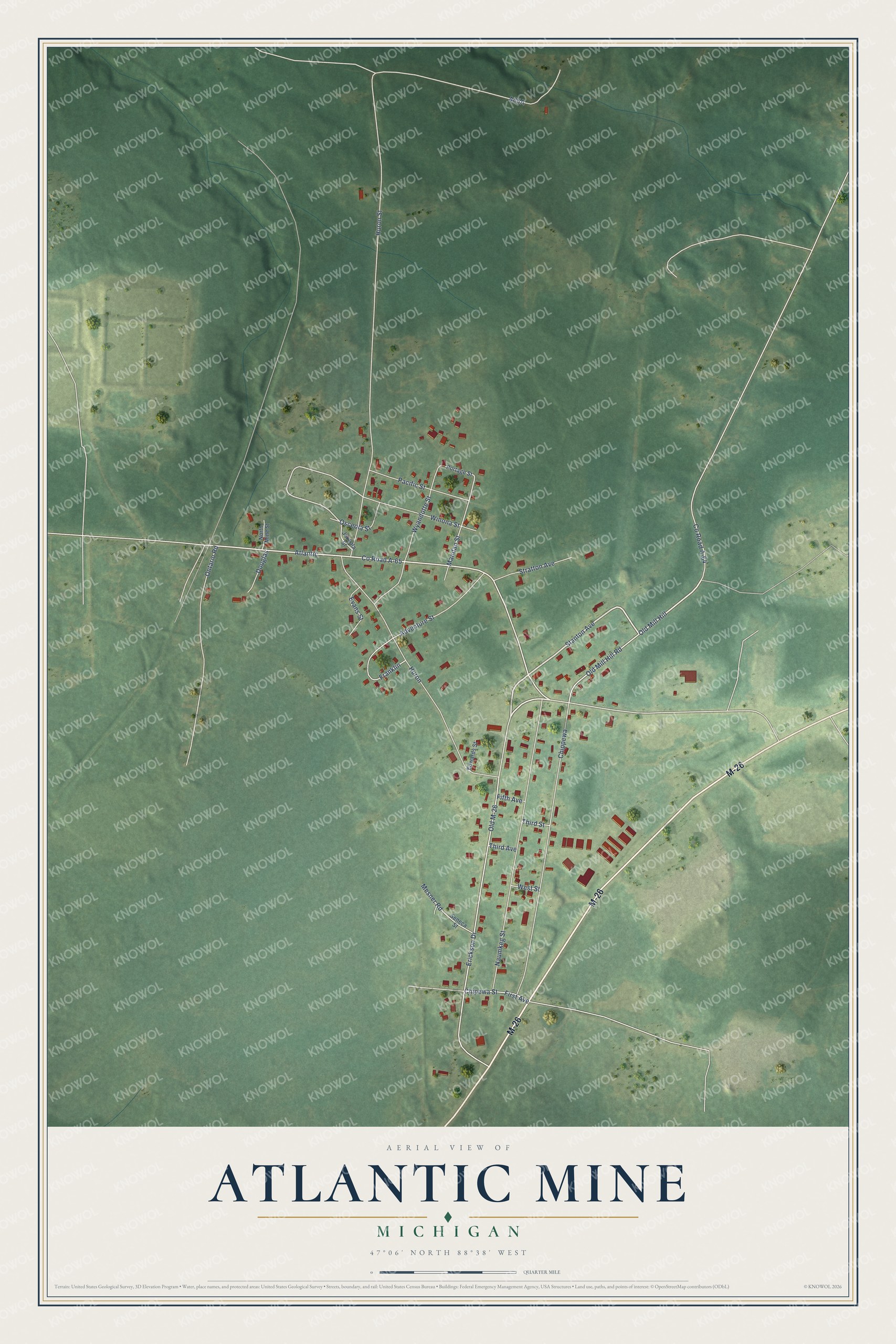 Full map of Atlantic Mine, Michigan, with red buildings, printed street names and the land around them