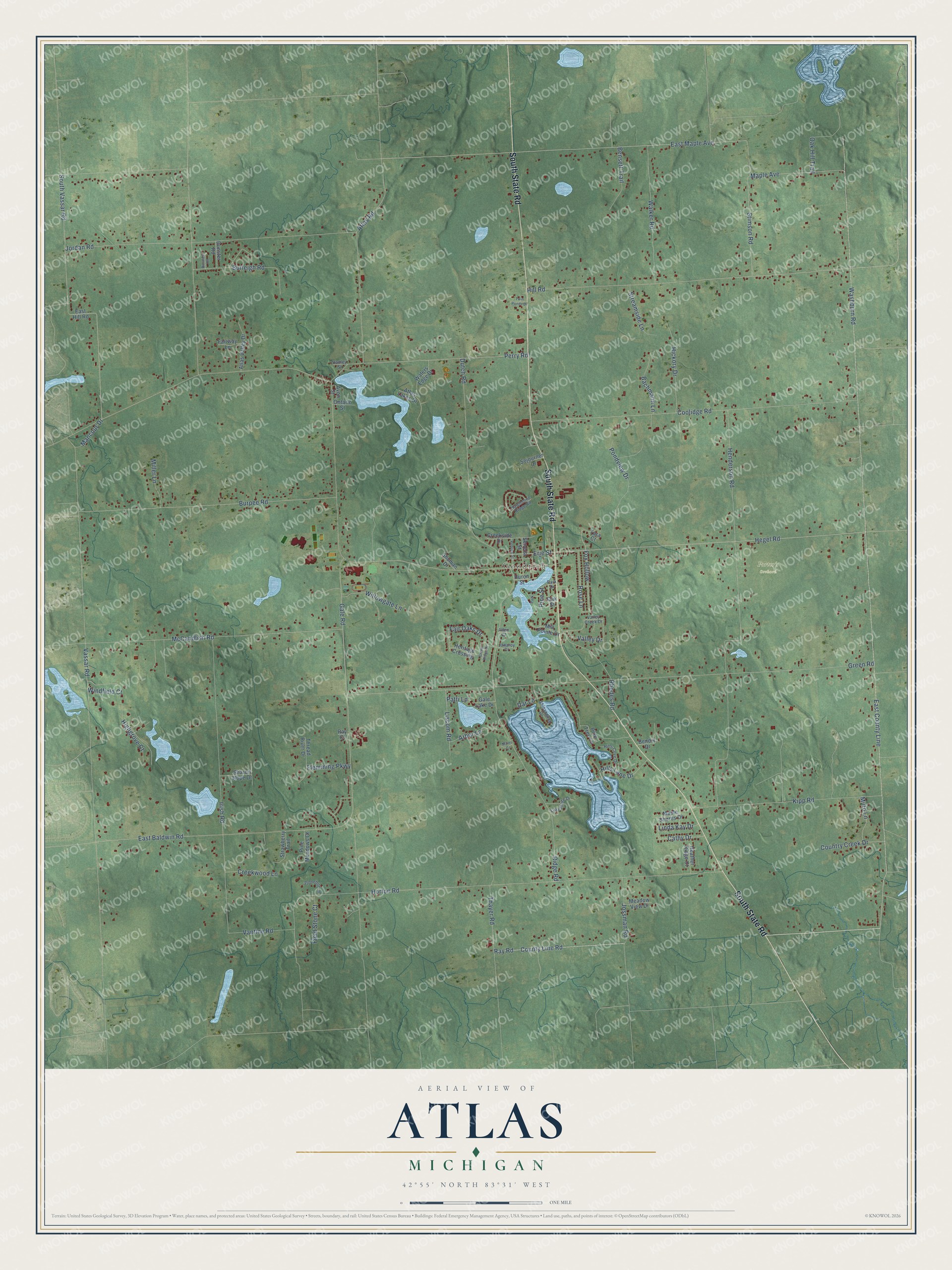 Full map of Atlas, Michigan, with red buildings, printed street names and the land around them
