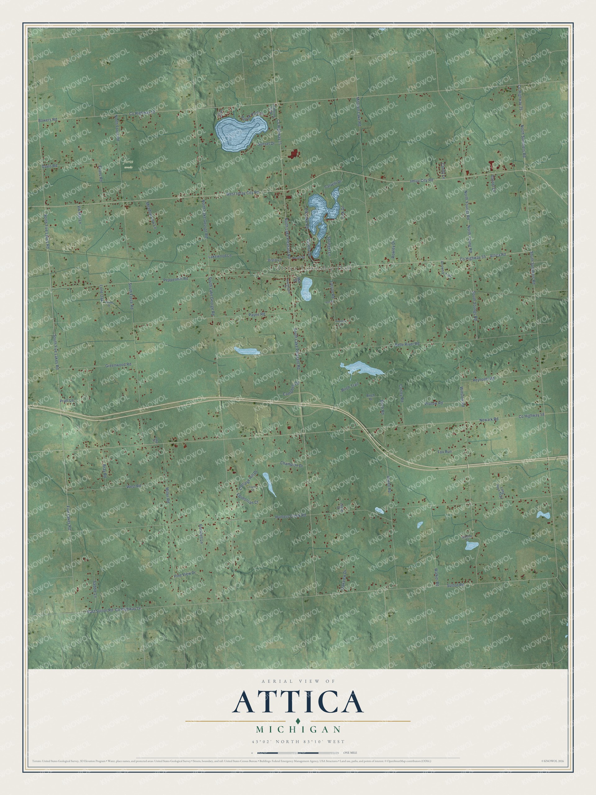 Full map of Attica, Michigan, with red buildings, printed street names and the land around them