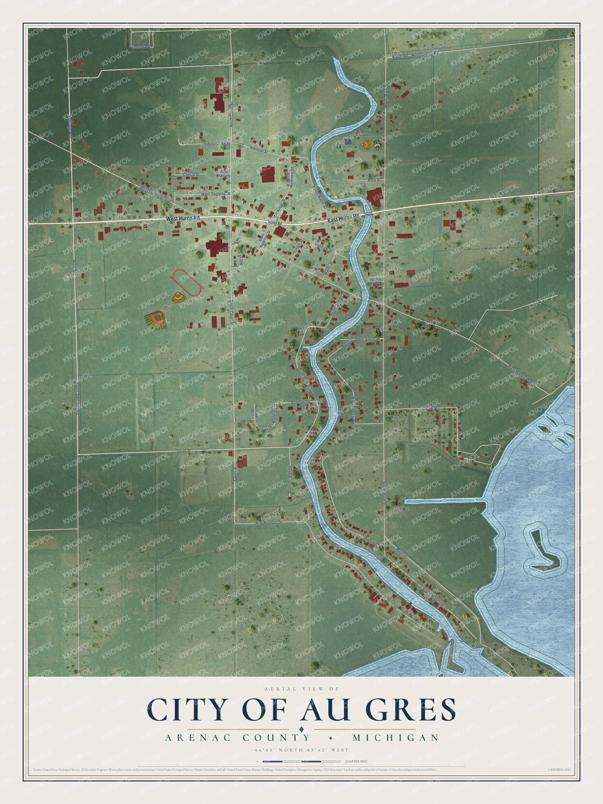 Full map of Au Gres, Michigan, with red buildings, printed street names and the land around them