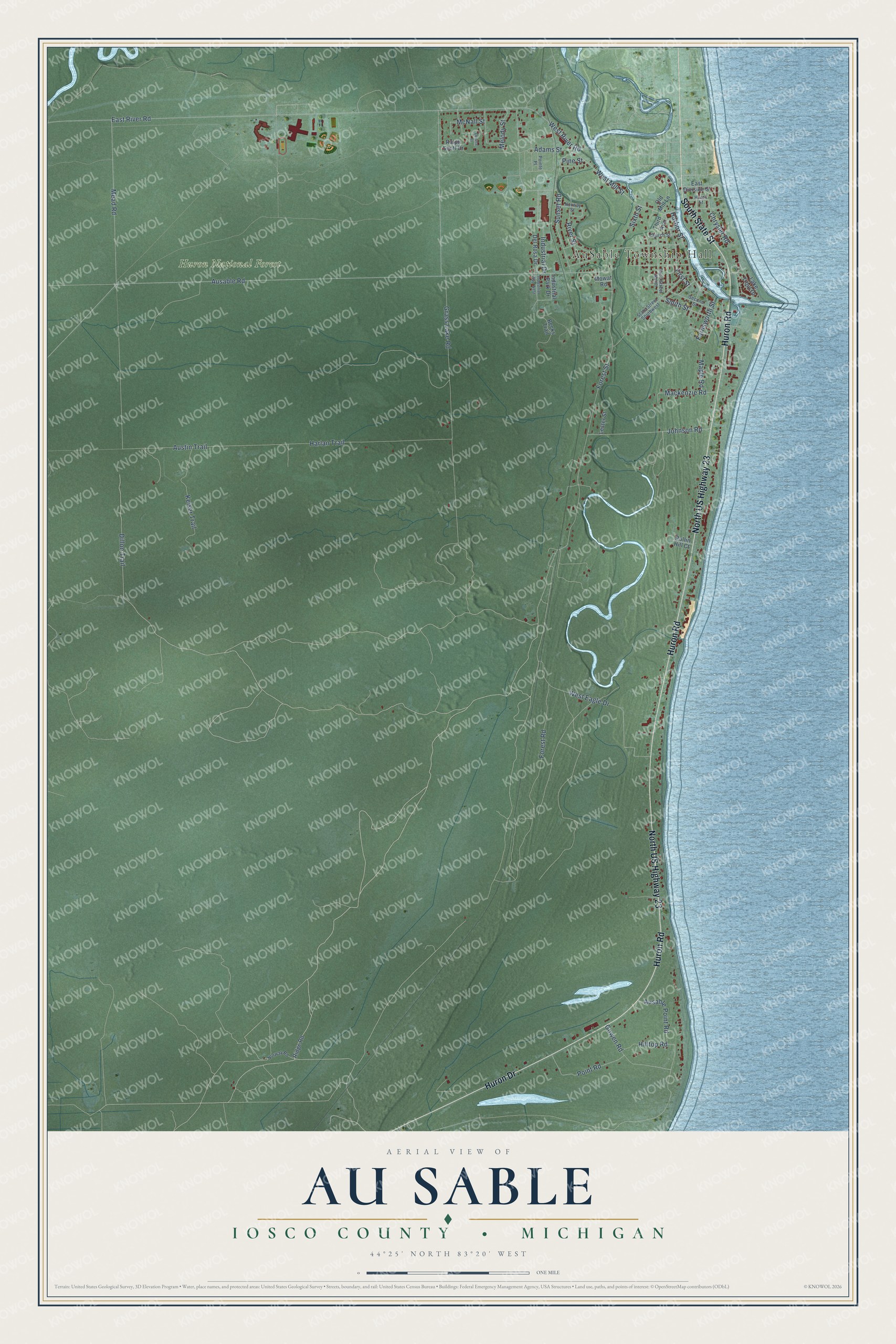 Full map of Au Sable, Michigan, with red buildings, printed street names and the land around them