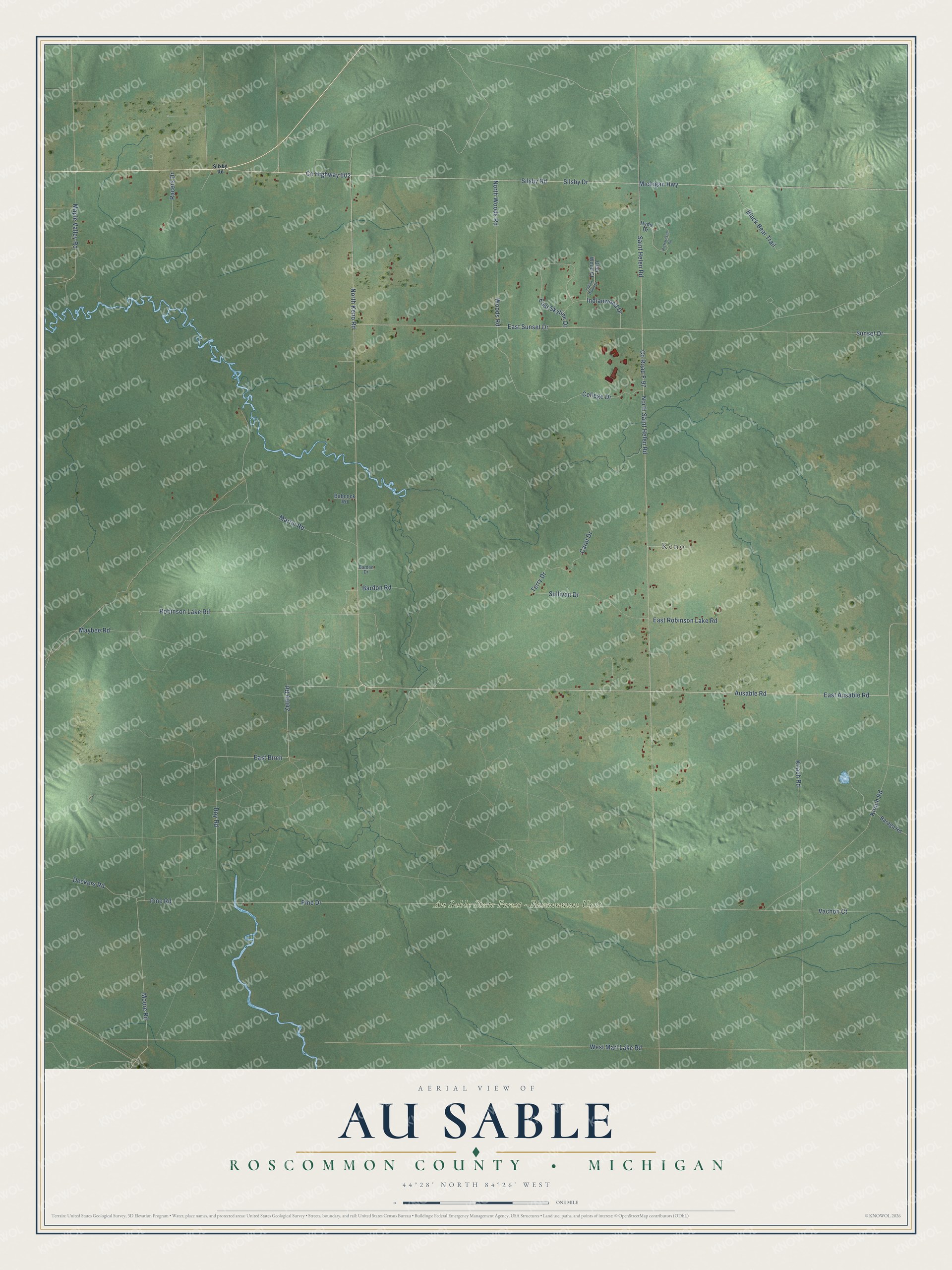 Full map of Au Sable, Michigan, with red buildings, printed street names and the land around them