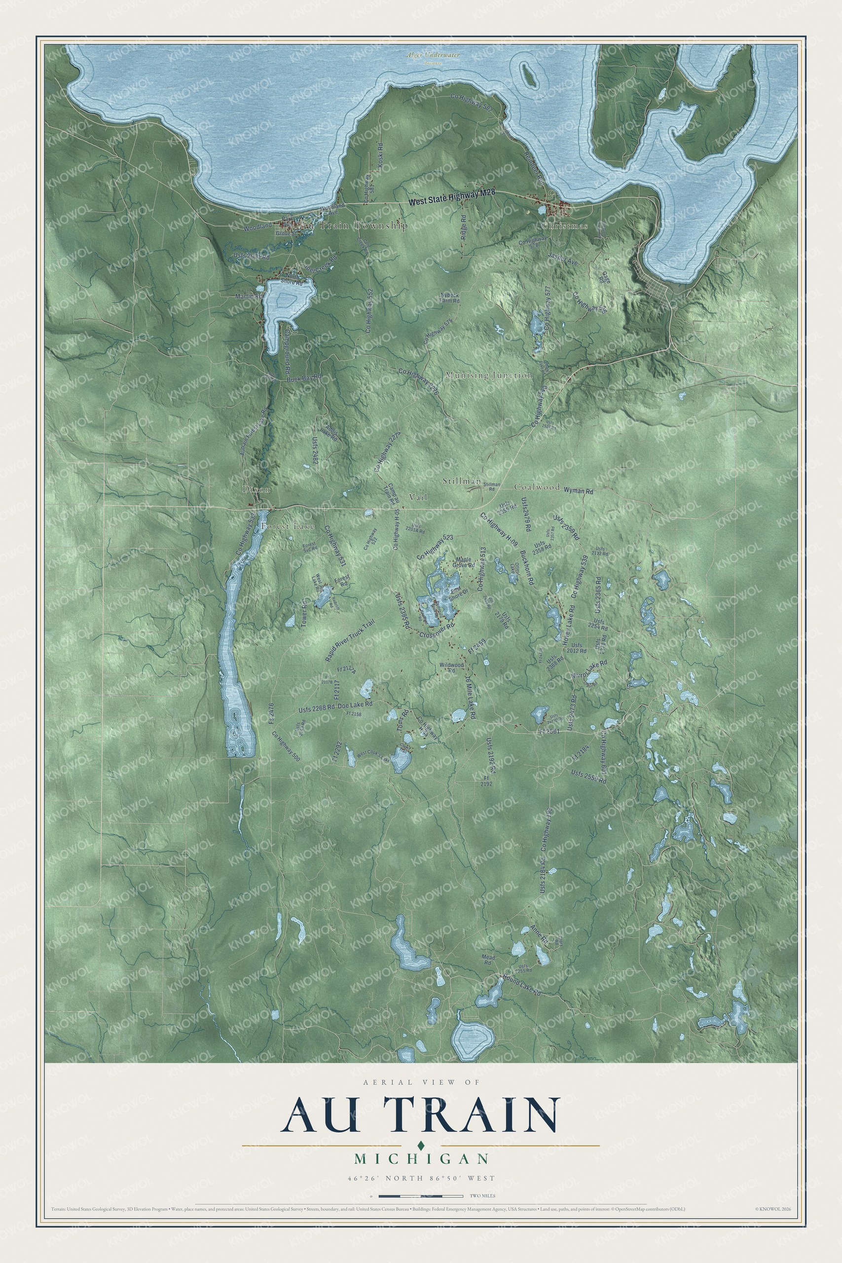 Full map of Au Train, Michigan, with red buildings, printed street names and the land around them
