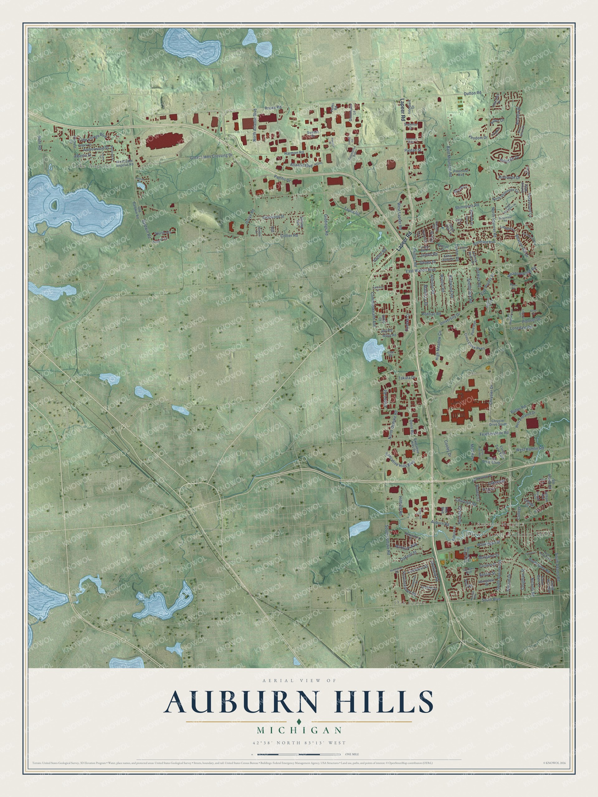 Full map of Auburn Hills, Michigan, with red buildings, printed street names and the land around them