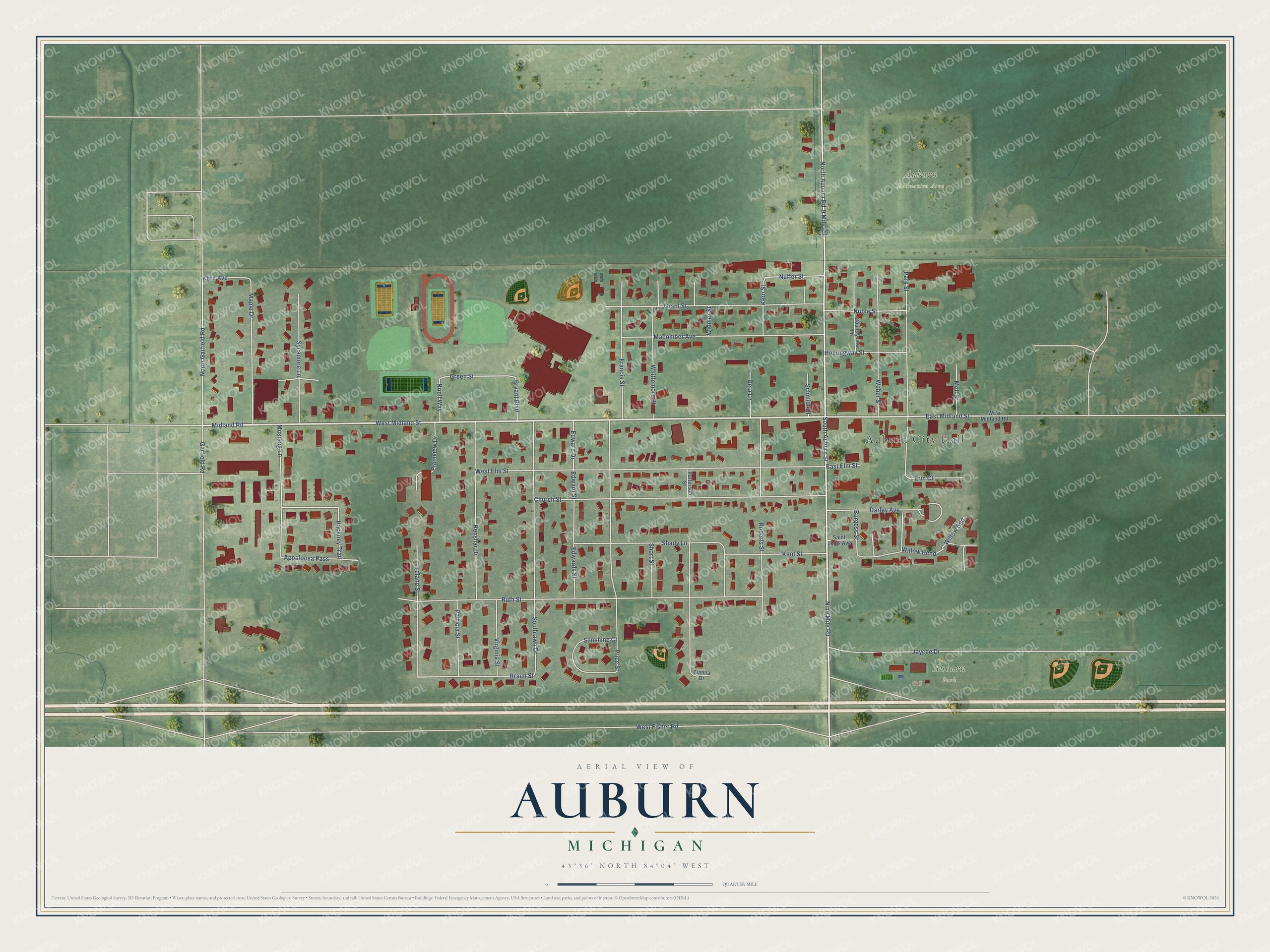 Full map of Auburn, Michigan, with red buildings, printed street names and the land around them