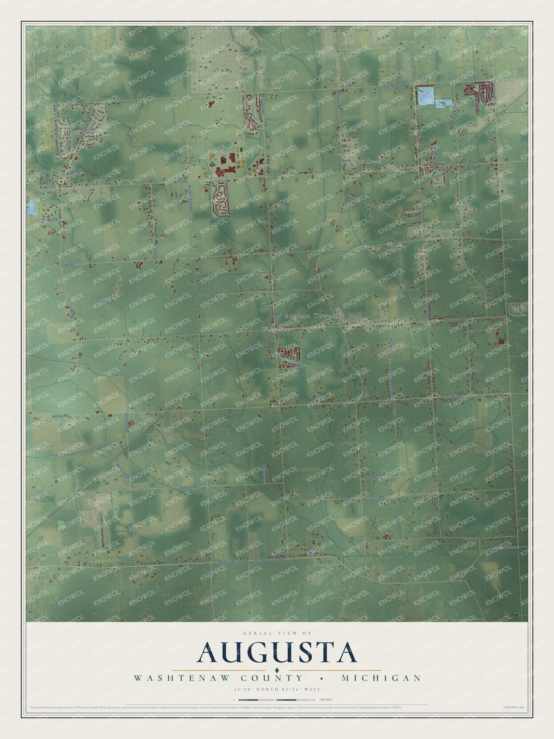 Full map of Augusta, Michigan, with red buildings, printed street names and the land around them