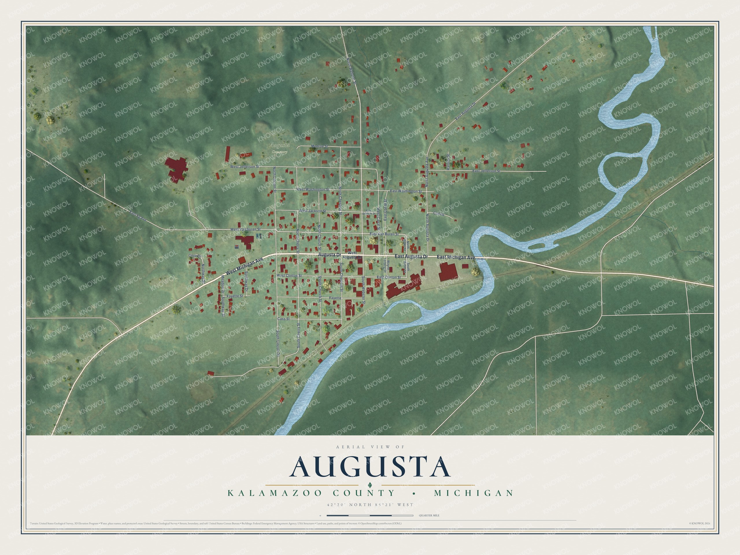 Full map of Augusta, Michigan, with red buildings, printed street names and the land around them