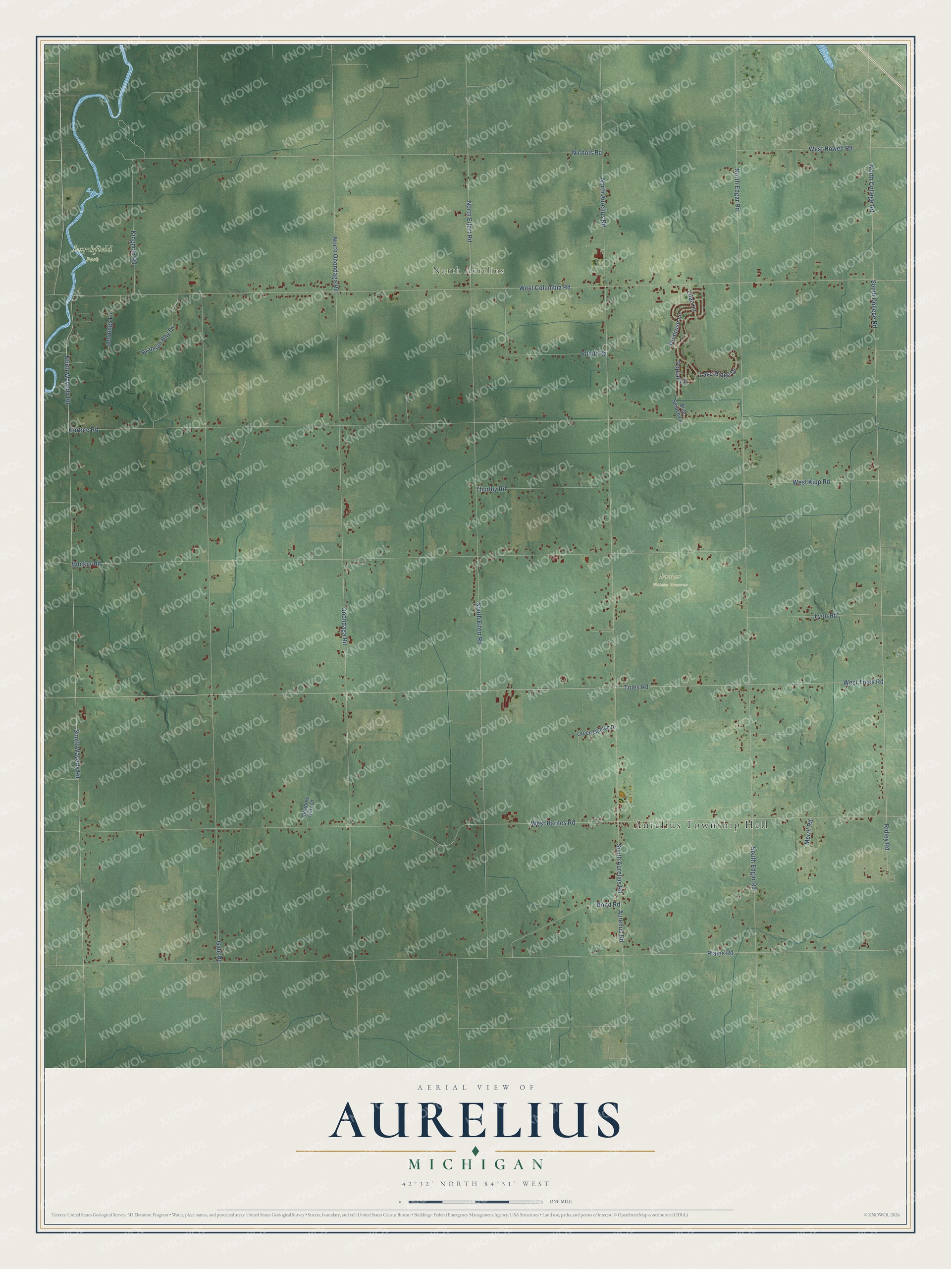 Full map of Aurelius, Michigan, with red buildings, printed street names and the land around them