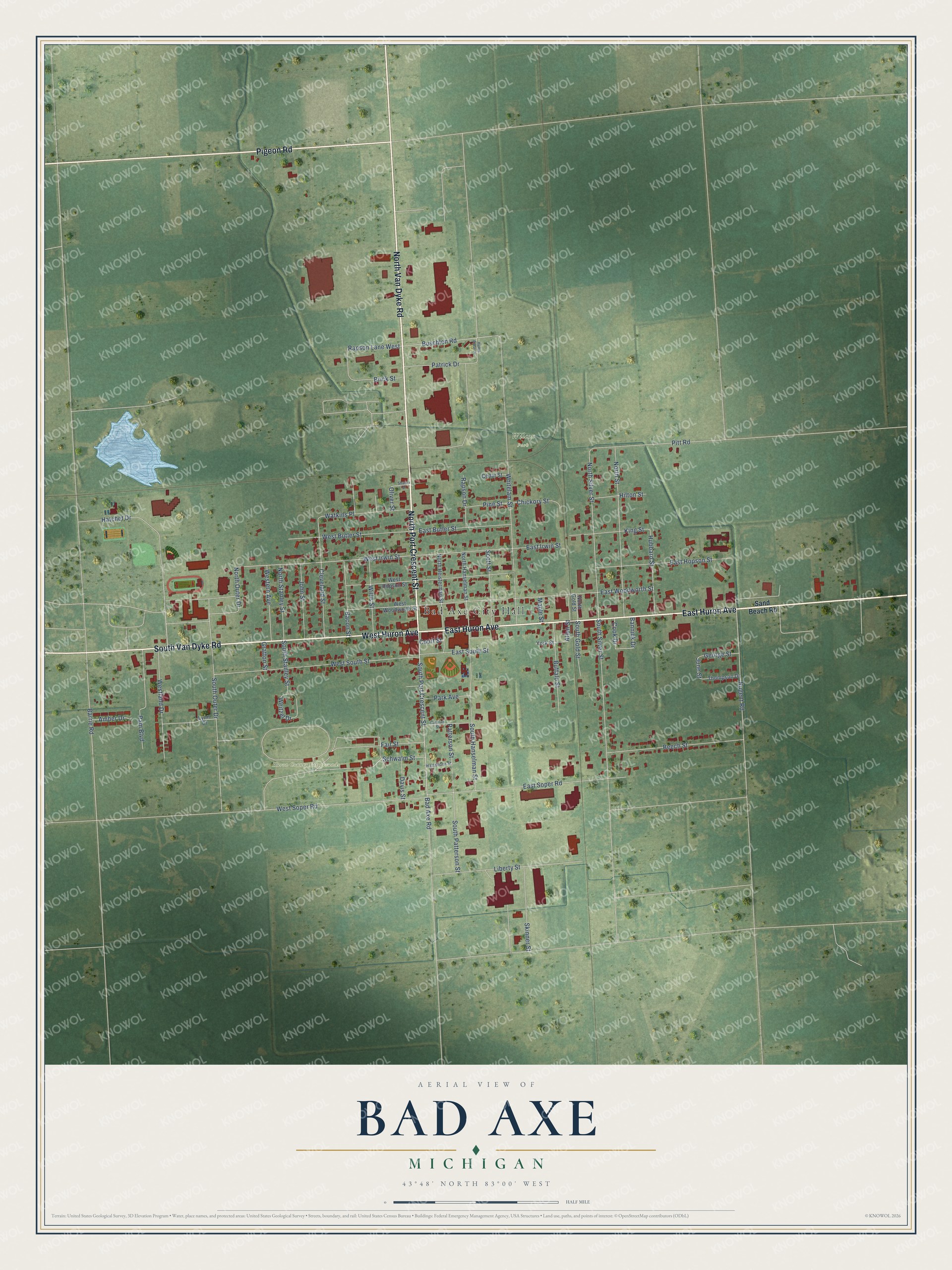 Full map of Bad Axe, Michigan, with red buildings, printed street names and the land around them