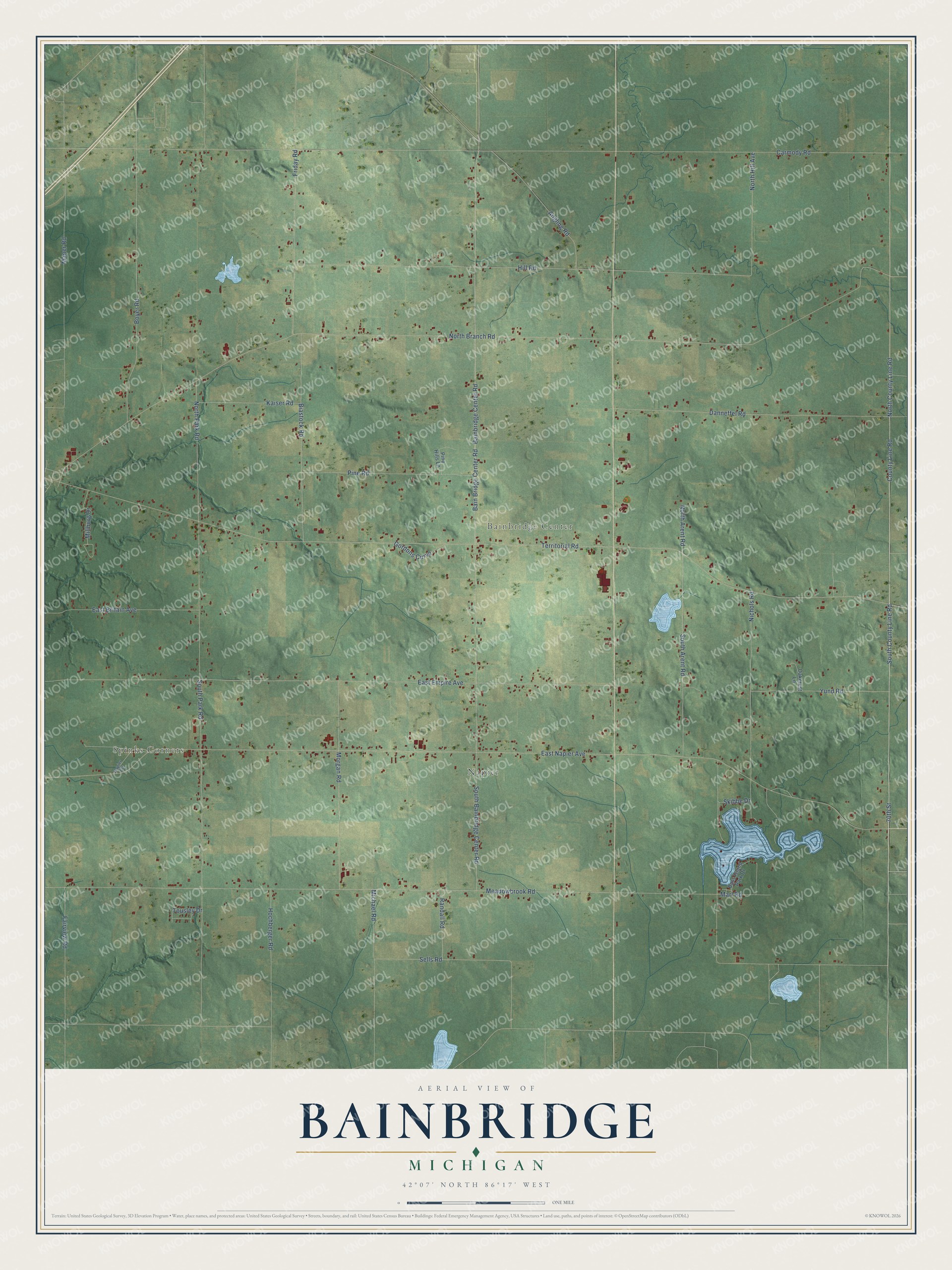 Full map of Bainbridge, Michigan, with red buildings, printed street names and the land around them