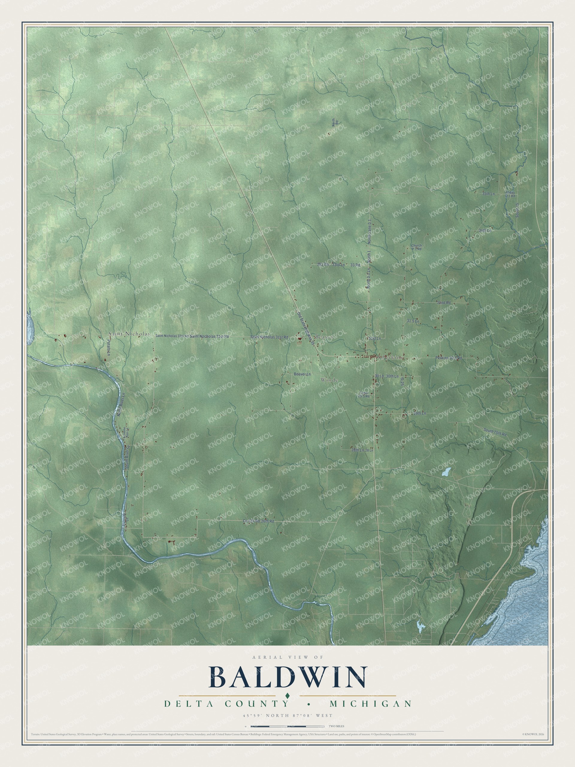 Full map of Baldwin, Michigan, with red buildings, printed street names and the land around them