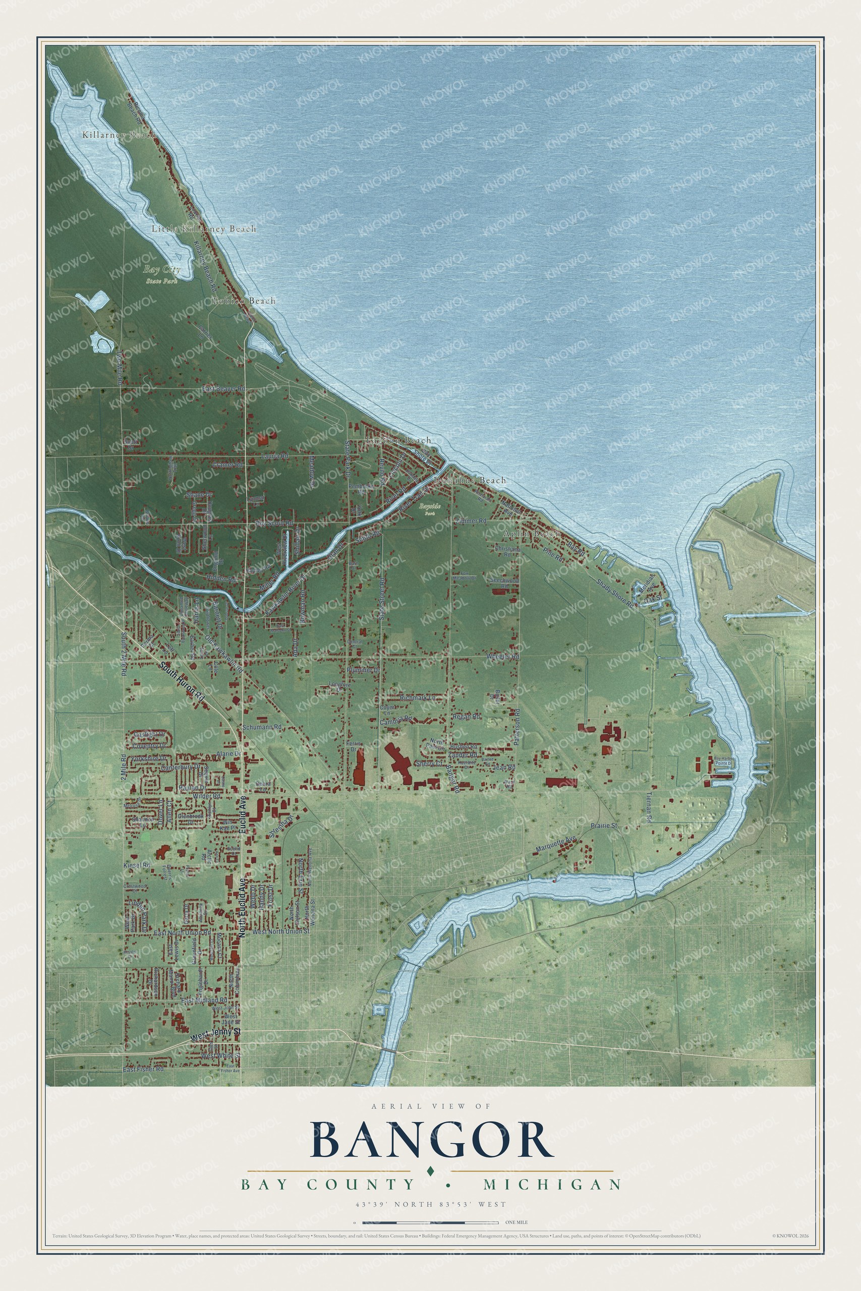 Full map of Bangor, Michigan, with red buildings, printed street names and the land around them