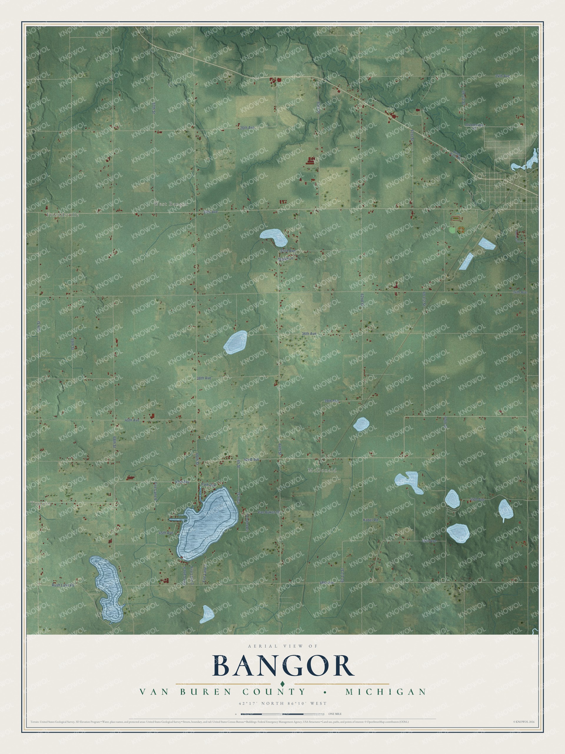Full map of Bangor, Michigan, with red buildings, printed street names and the land around them