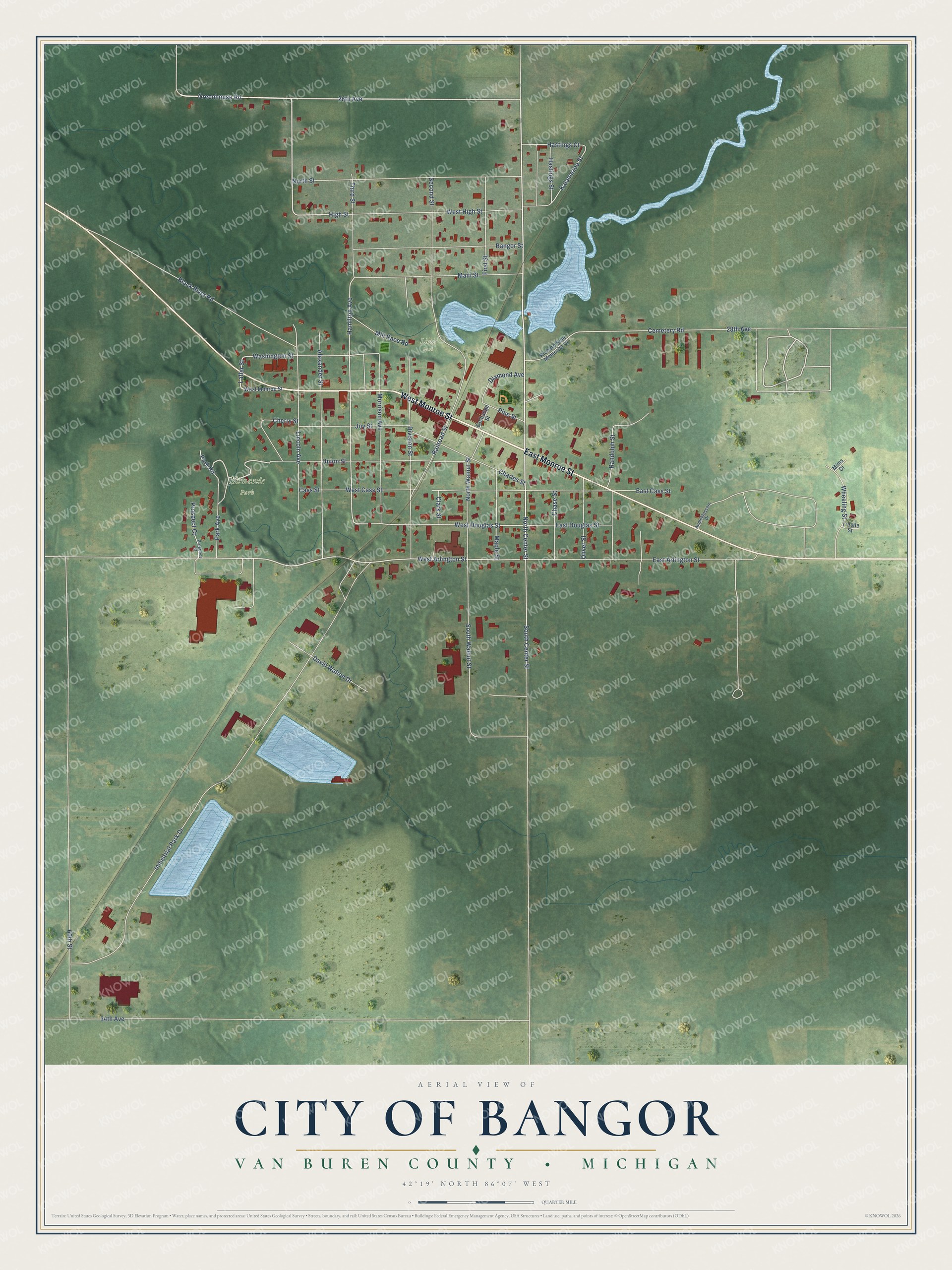 Full map of Bangor, Michigan, with red buildings, printed street names and the land around them