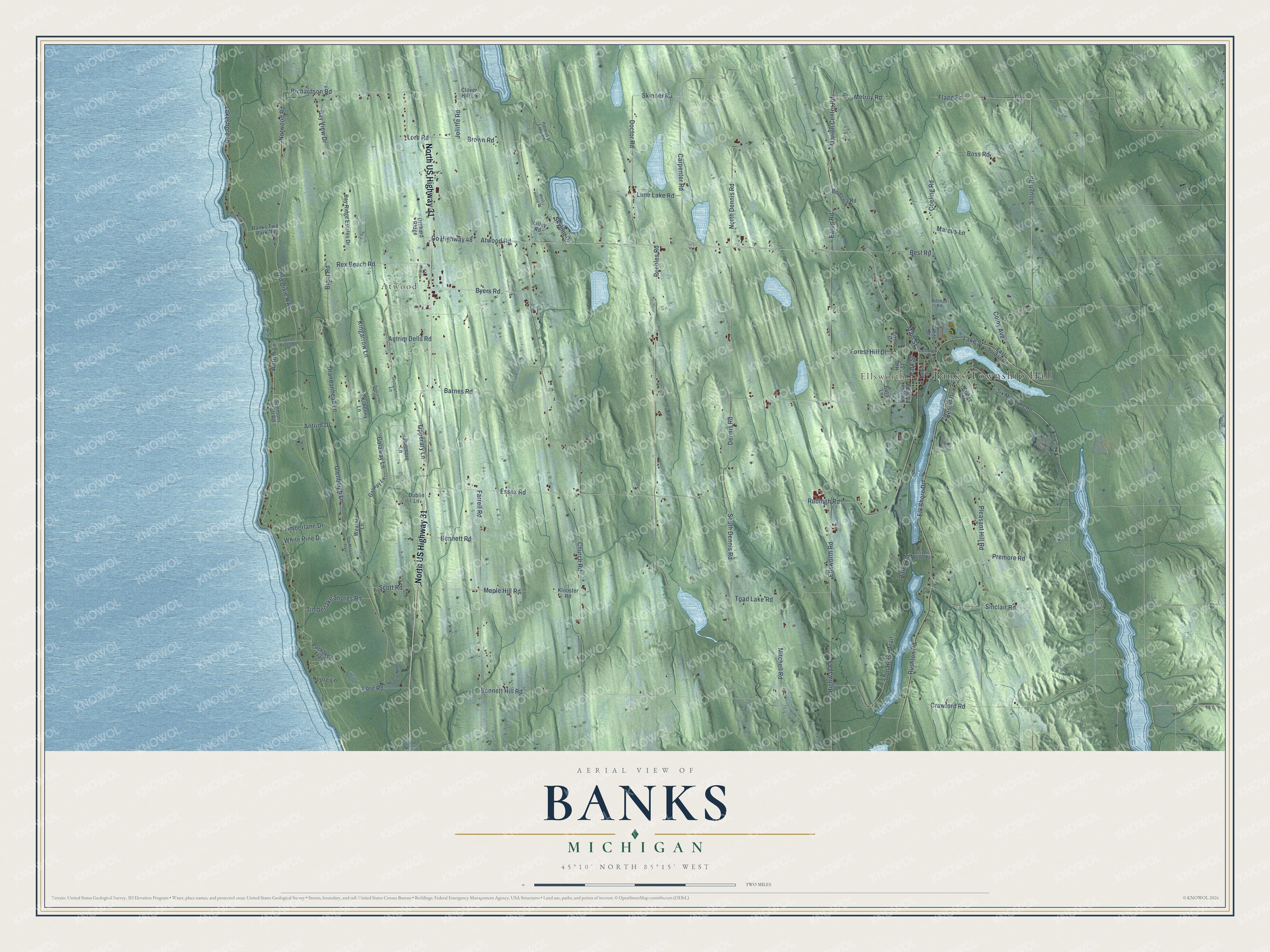 Full map of Banks, Michigan, with red buildings, printed street names and the land around them