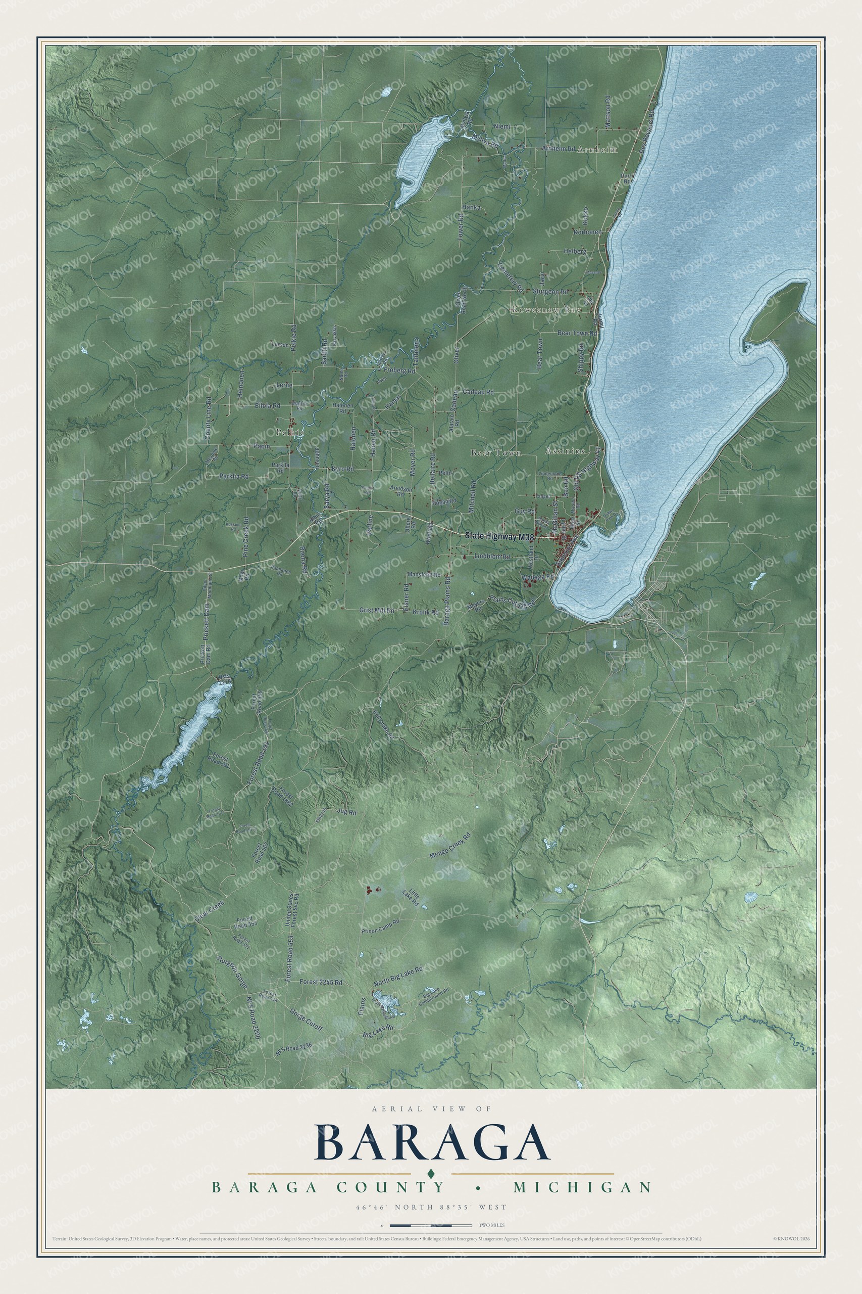 Full map of Baraga, Michigan, with red buildings, printed street names and the land around them