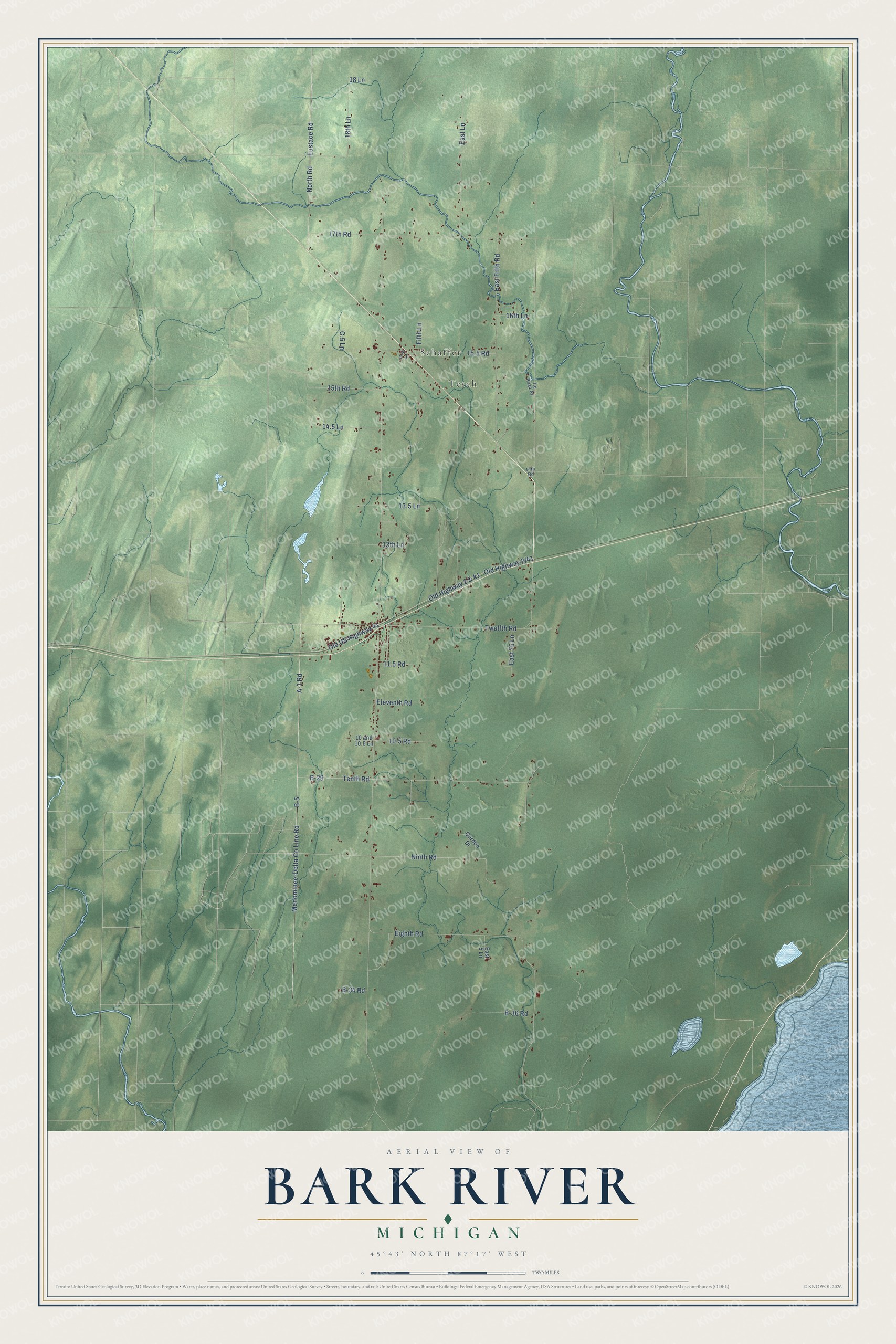 Full map of Bark River, Michigan, with red buildings, printed street names and the land around them