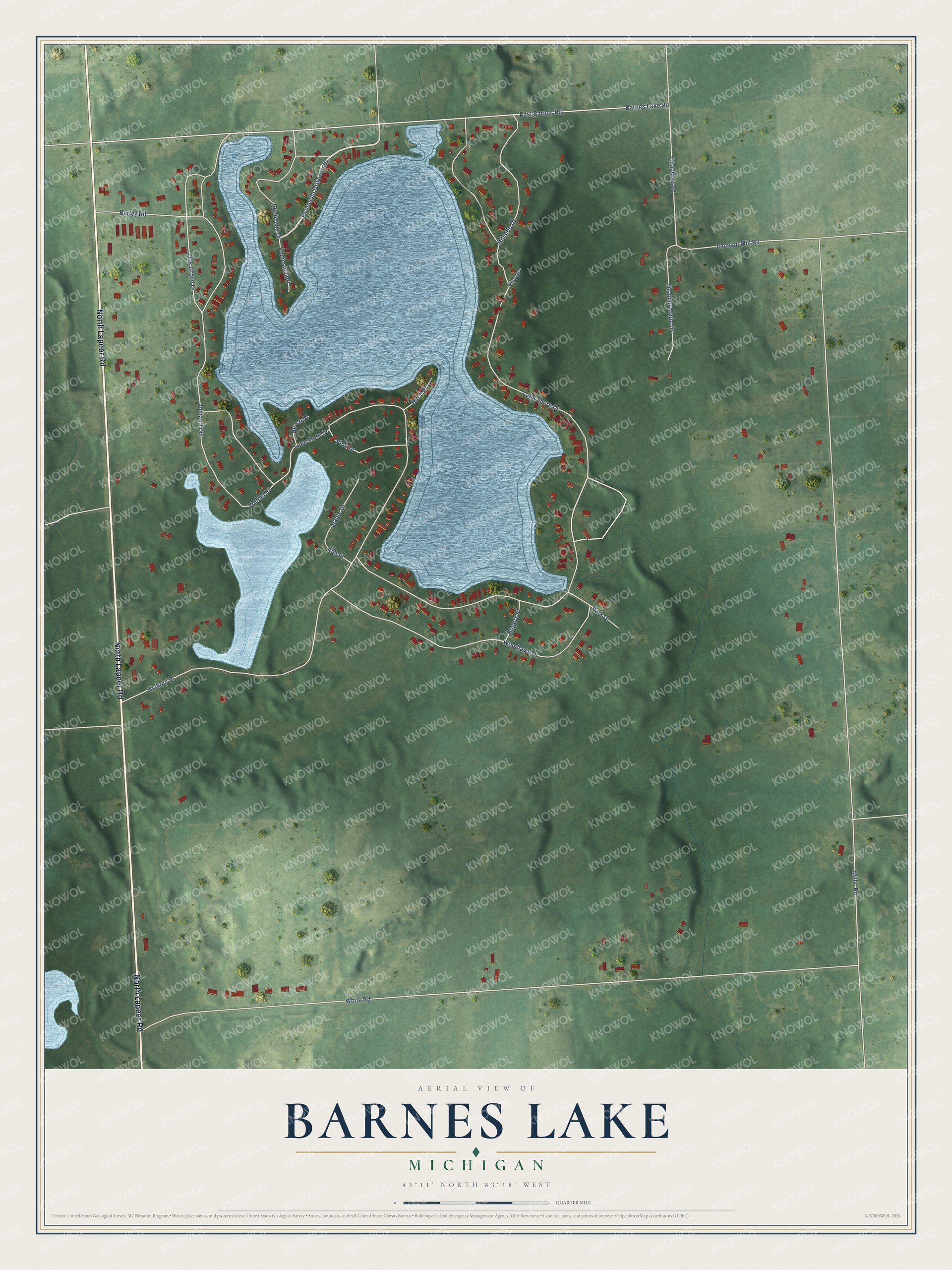 Full map of Barnes Lake, Michigan, with red buildings, printed street names and the land around them