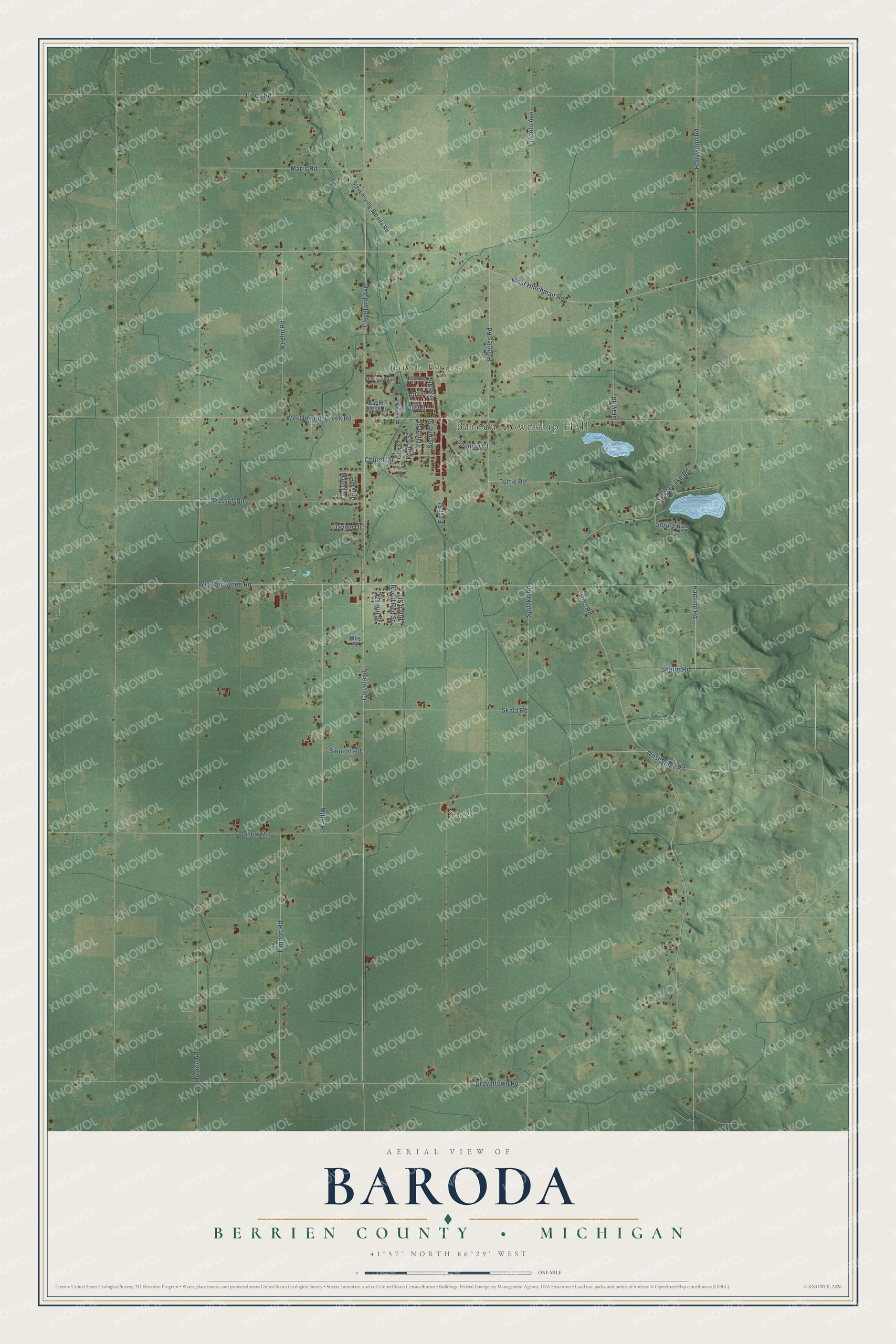Full map of Baroda, Michigan, with red buildings, printed street names and the land around them