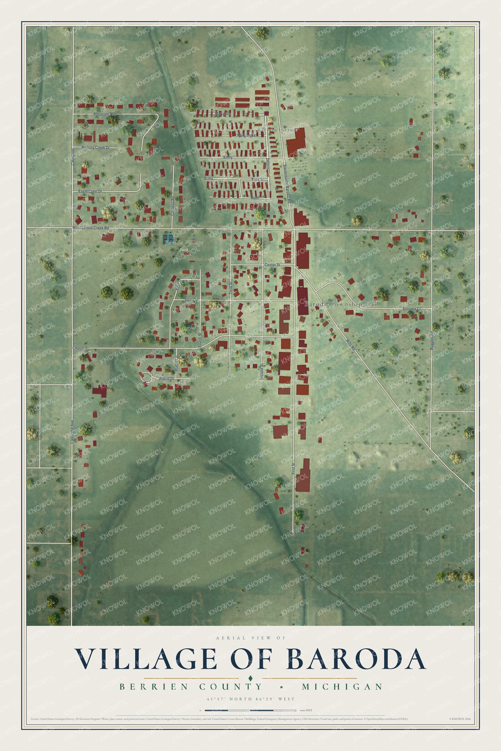 Full map of Baroda, Michigan, with red buildings, printed street names and the land around them