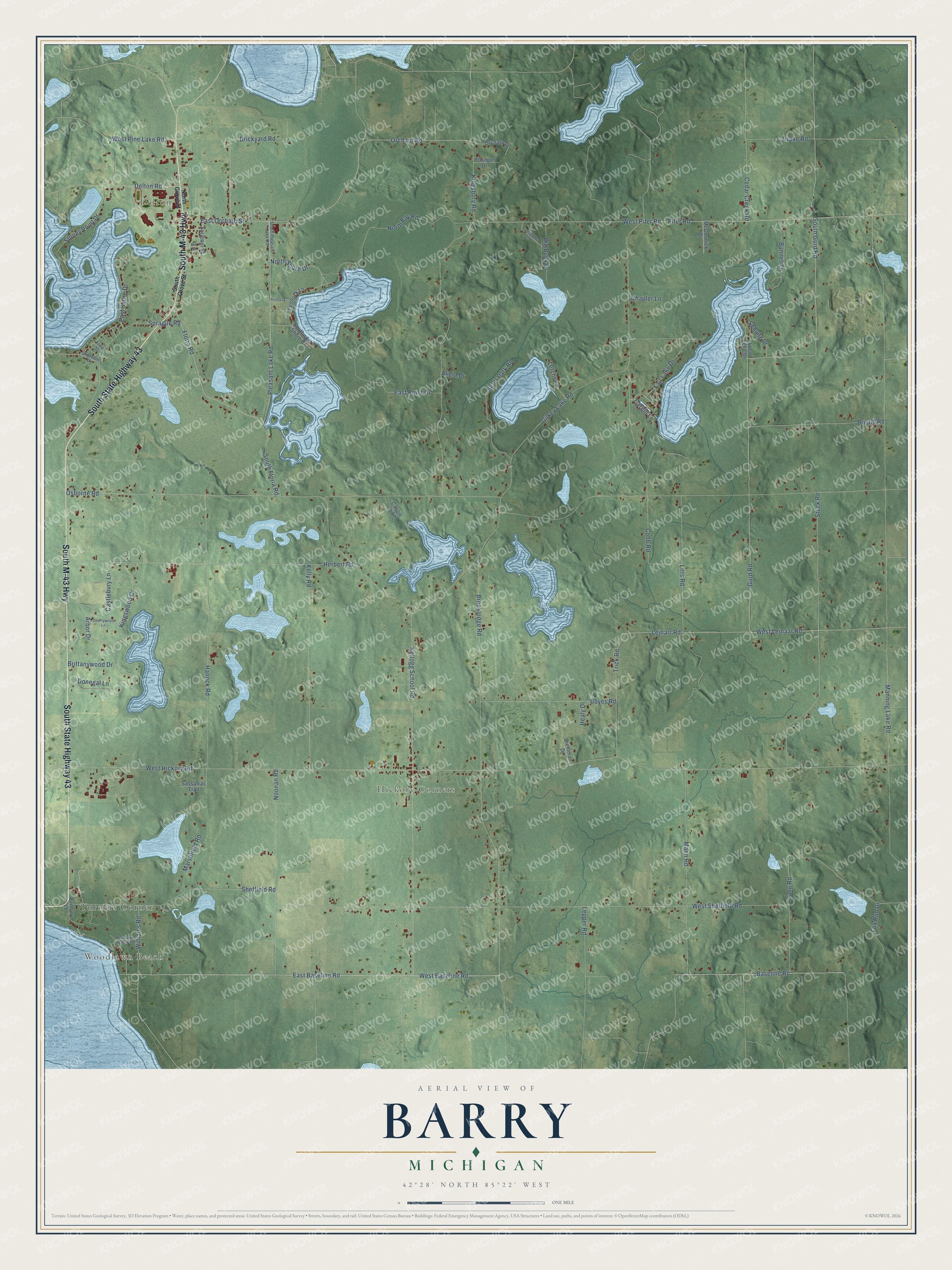 Full map of Barry, Michigan, with red buildings, printed street names and the land around them