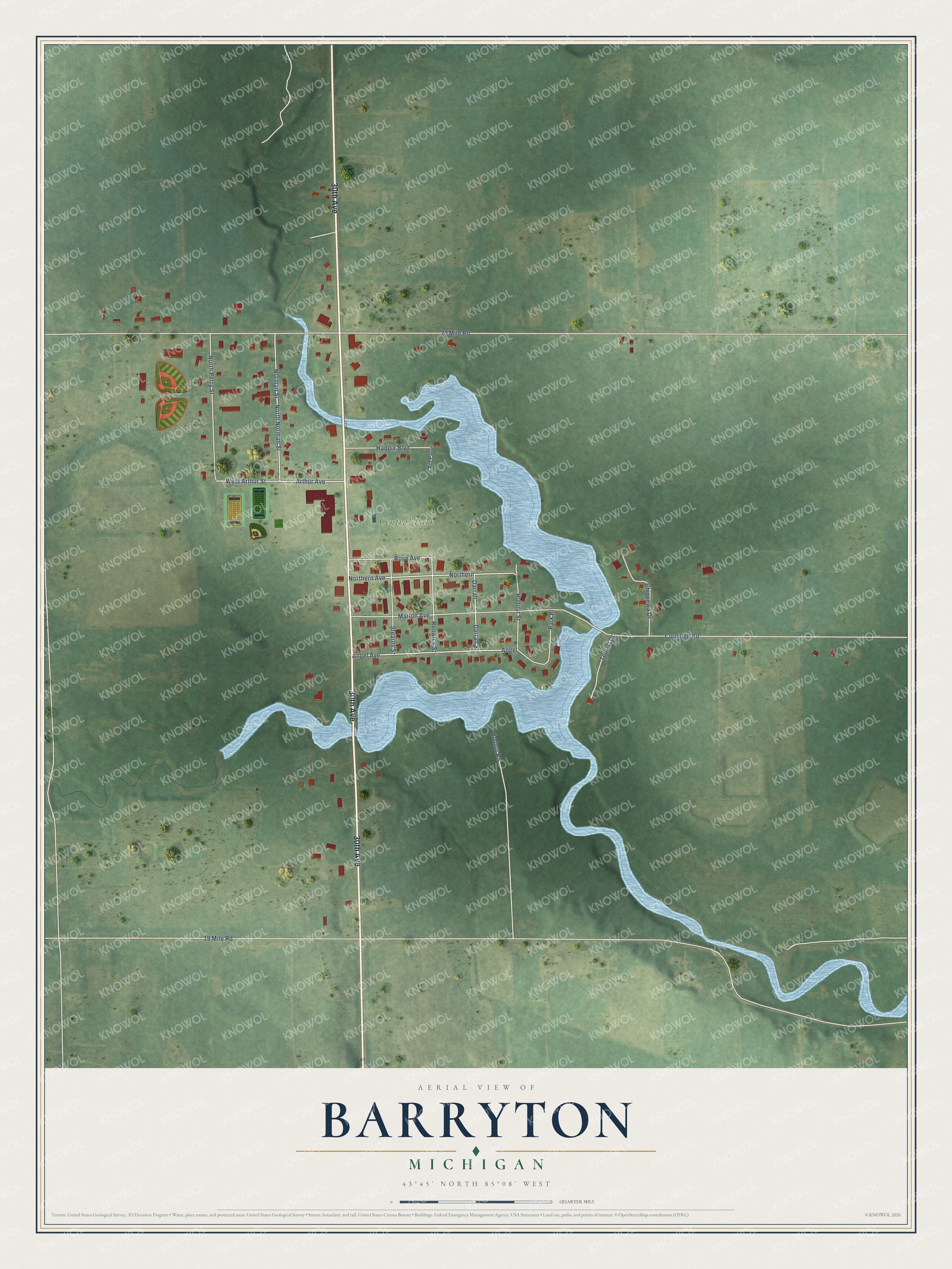 Full map of Barryton, Michigan, with red buildings, printed street names and the land around them