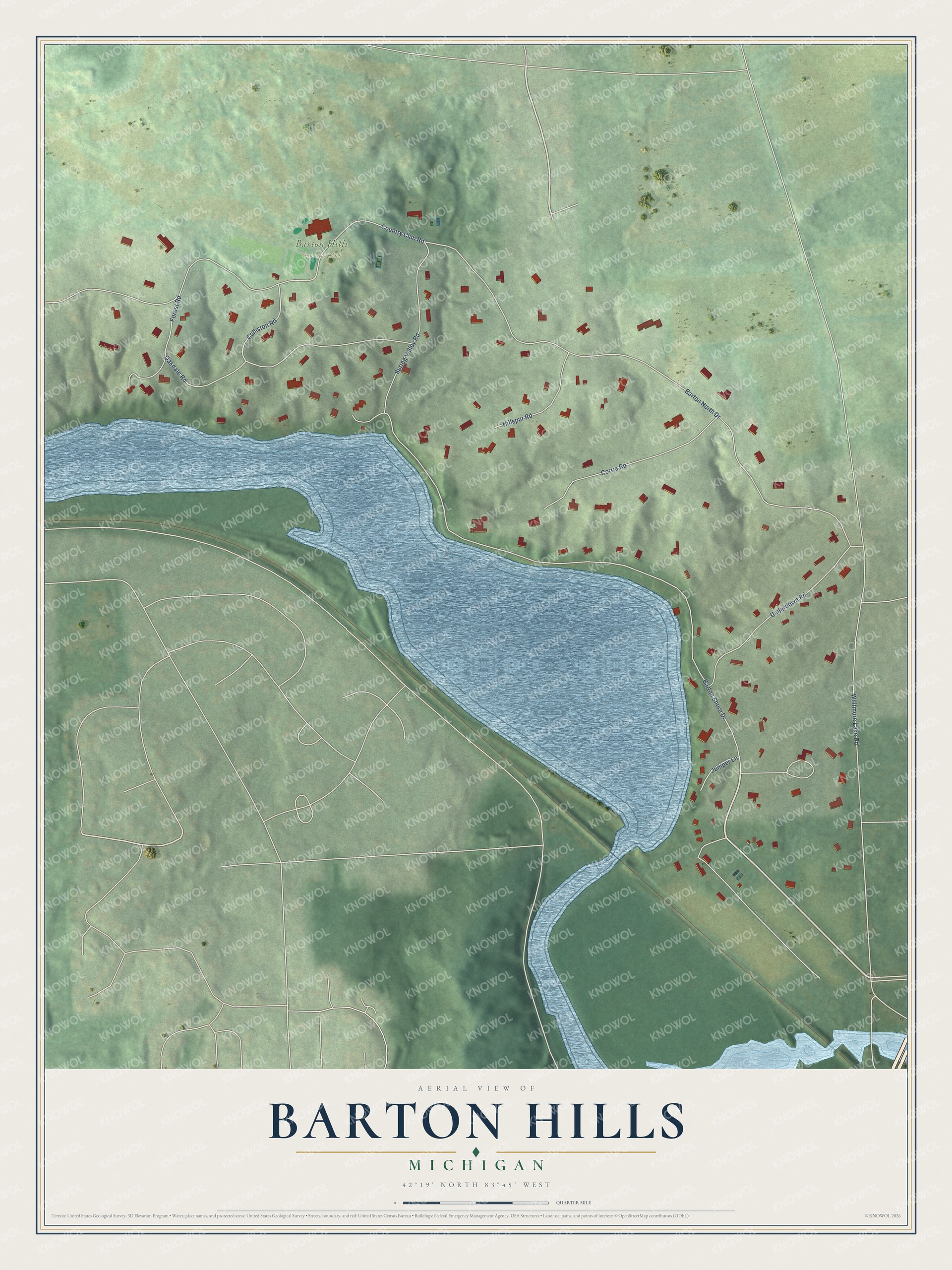 Full map of Barton Hills, Michigan, with red buildings, printed street names and the land around them