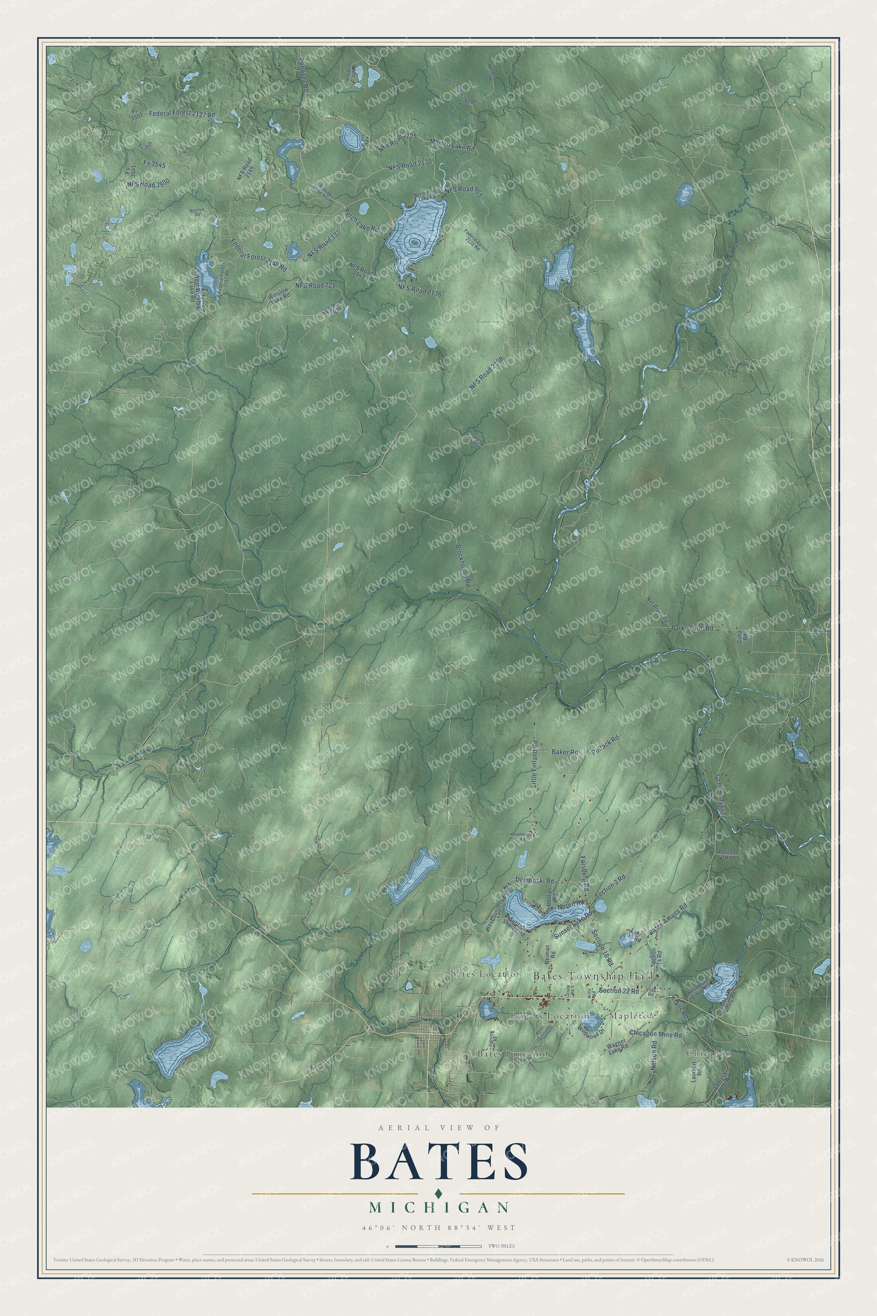 Full map of Bates, Michigan, with red buildings, printed street names and the land around them