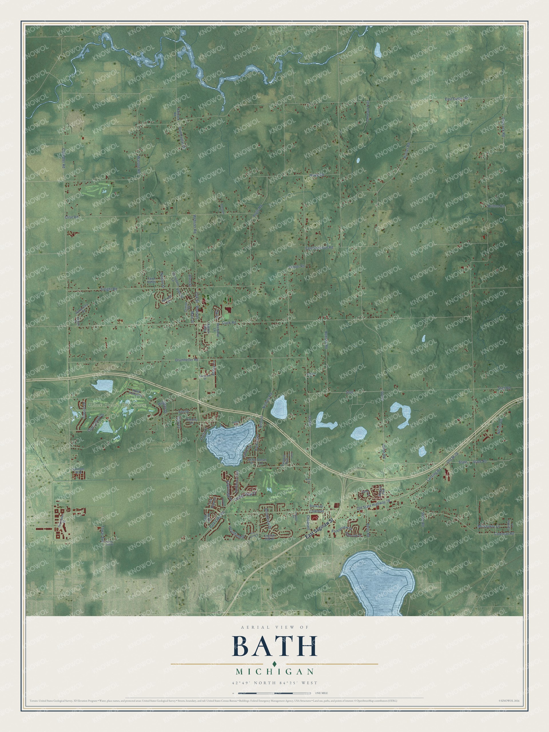 Full map of Bath, Michigan, with red buildings, printed street names and the land around them