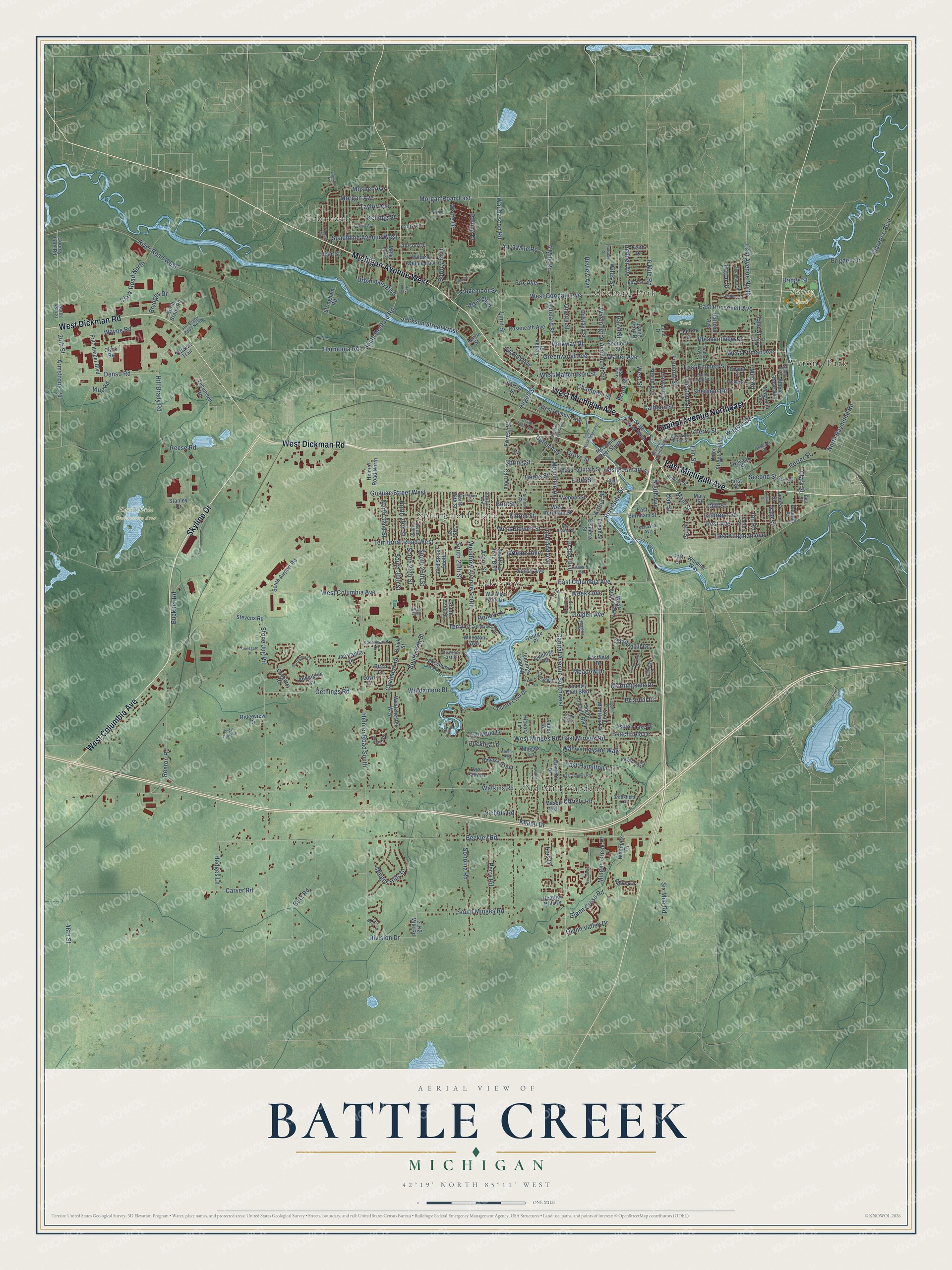 Full map of Battle Creek, Michigan, with red buildings, printed street names and the land around them