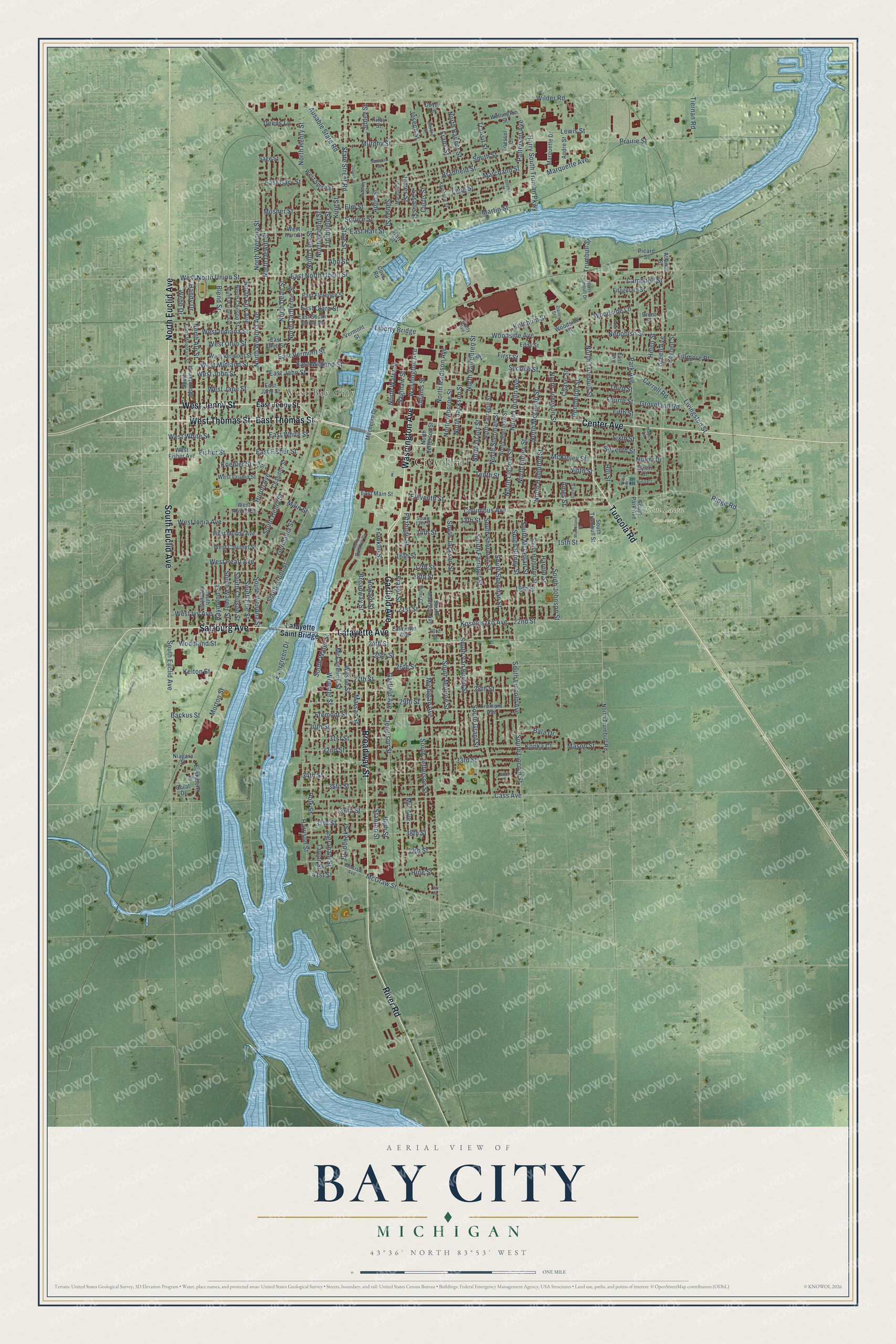 Full map of Bay City, Michigan, with red buildings, printed street names and the land around them