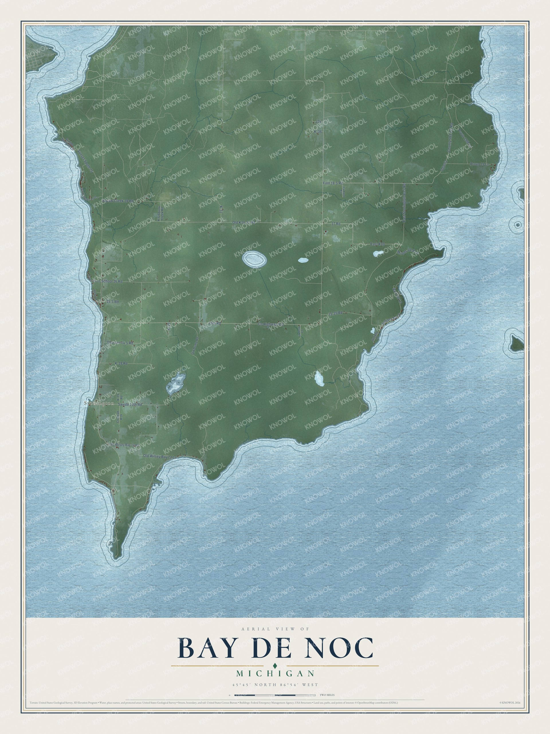 Full map of Bay de Noc, Michigan, with red buildings, printed street names and the land around them