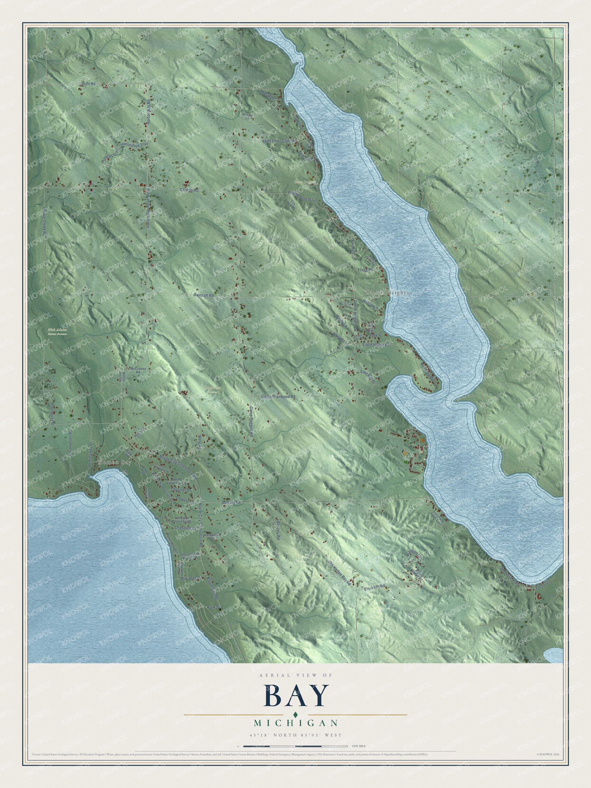 Full map of Bay, Michigan, with red buildings, printed street names and the land around them