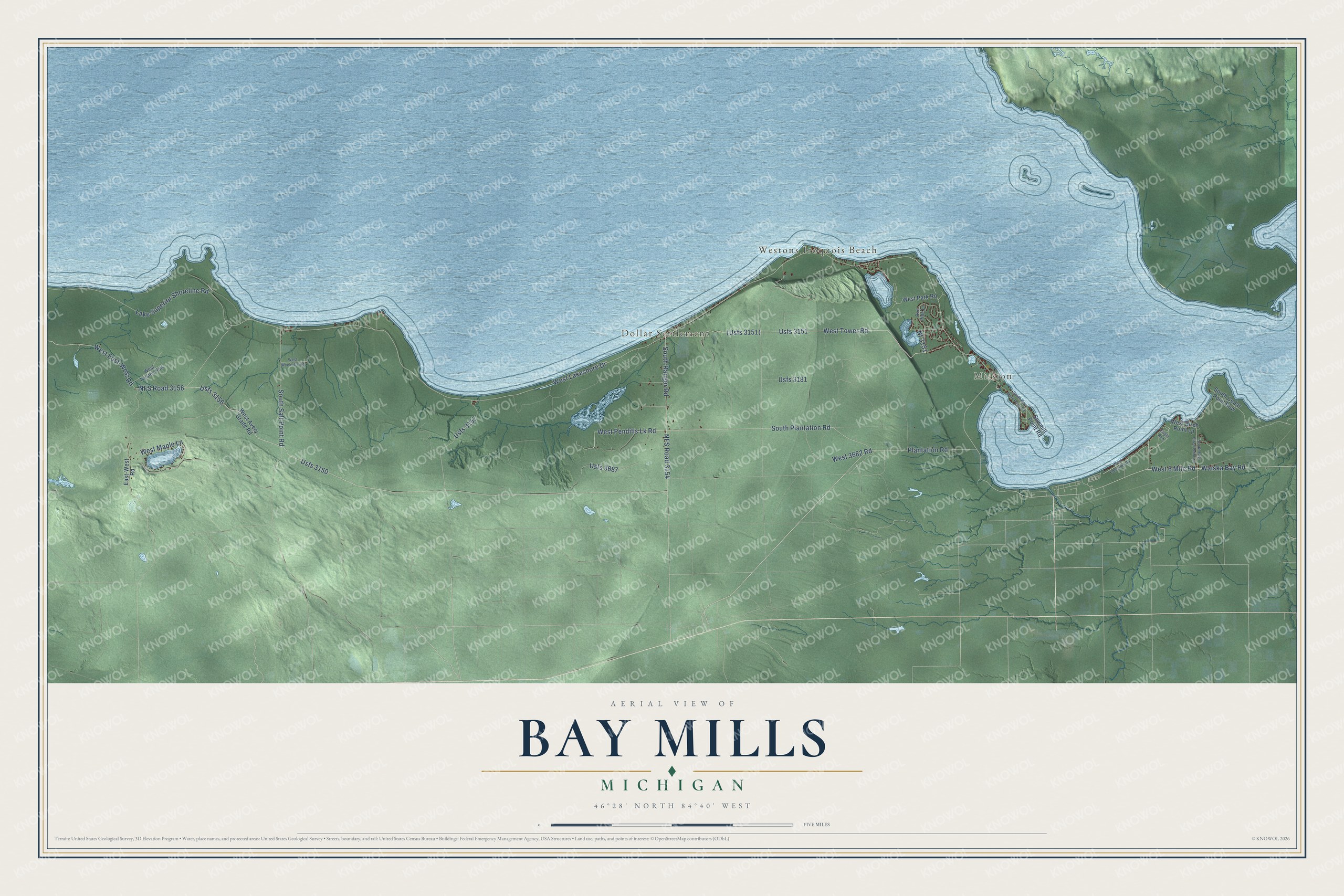 Full map of Bay Mills, Michigan, with red buildings, printed street names and the land around them