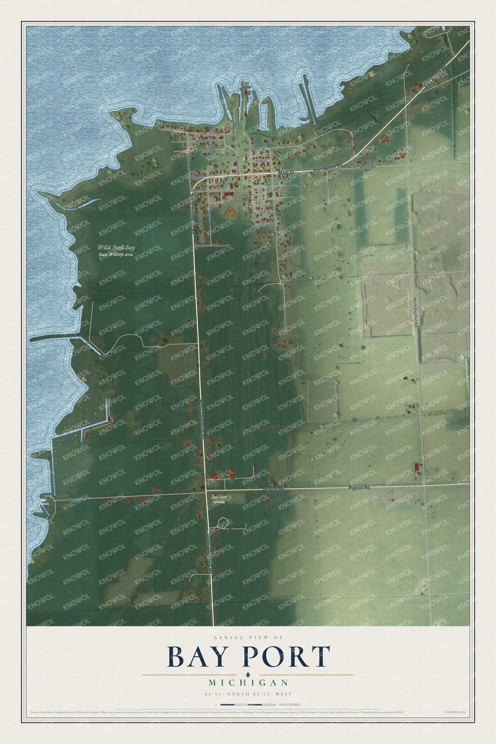 Full map of Bay Port, Michigan, with red buildings, printed street names and the land around them