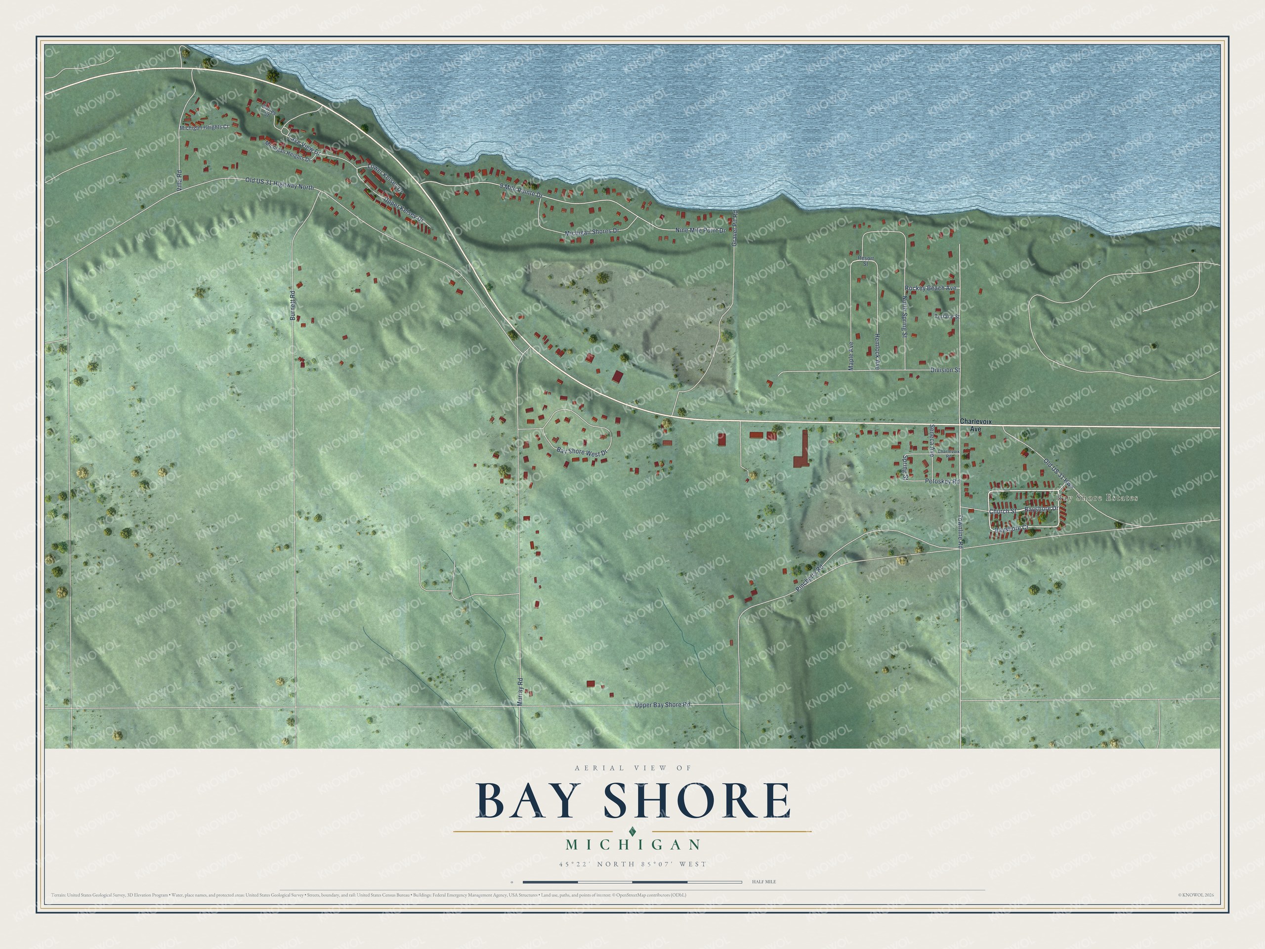 Full map of Bay Shore, Michigan, with red buildings, printed street names and the land around them