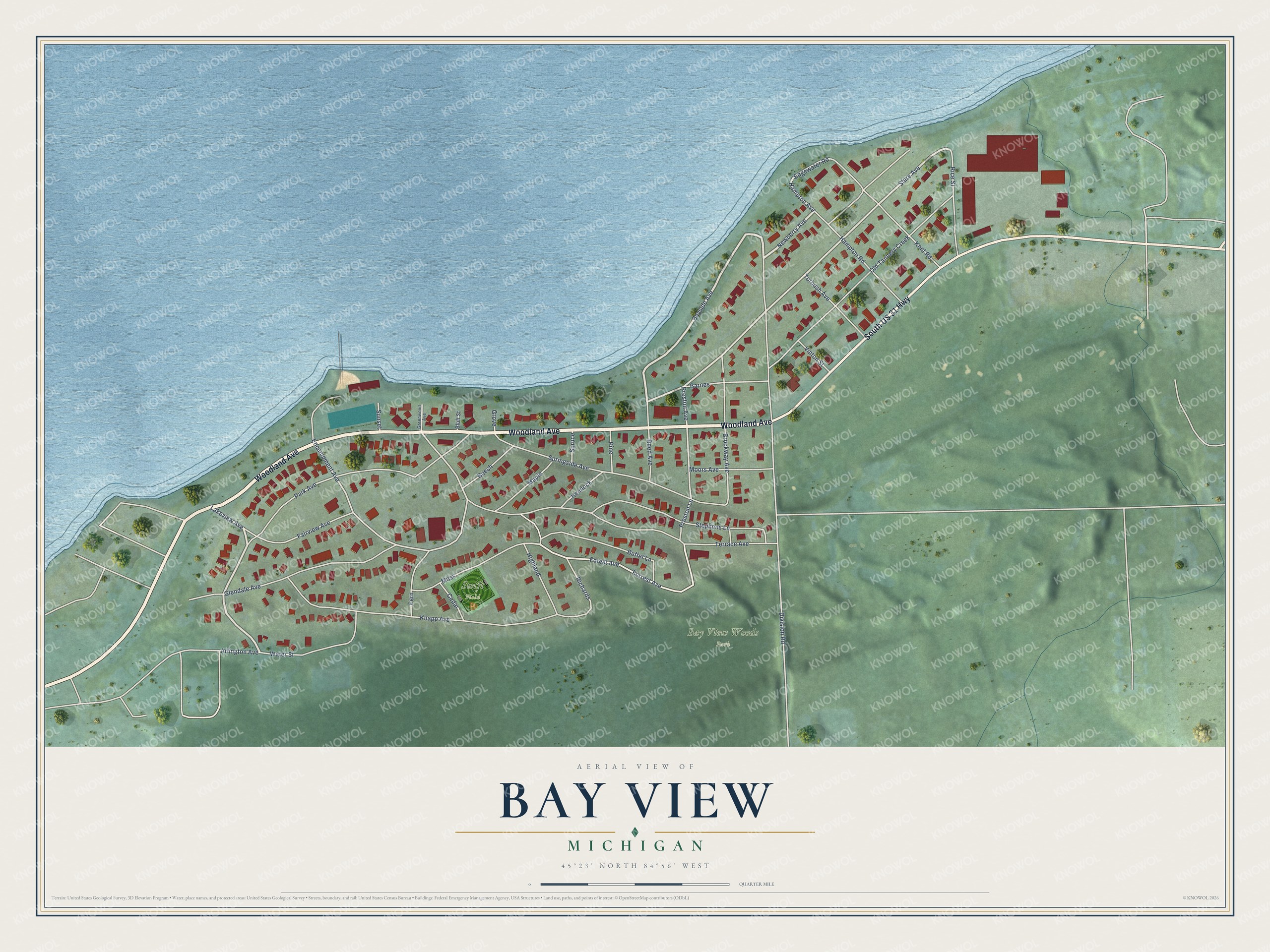 Full map of Bay View, Michigan, with red buildings, printed street names and the land around them