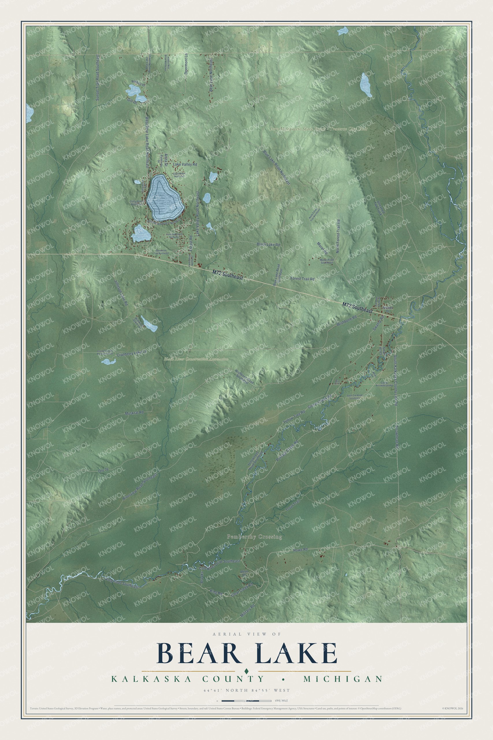 Full map of Bear Lake, Michigan, with red buildings, printed street names and the land around them