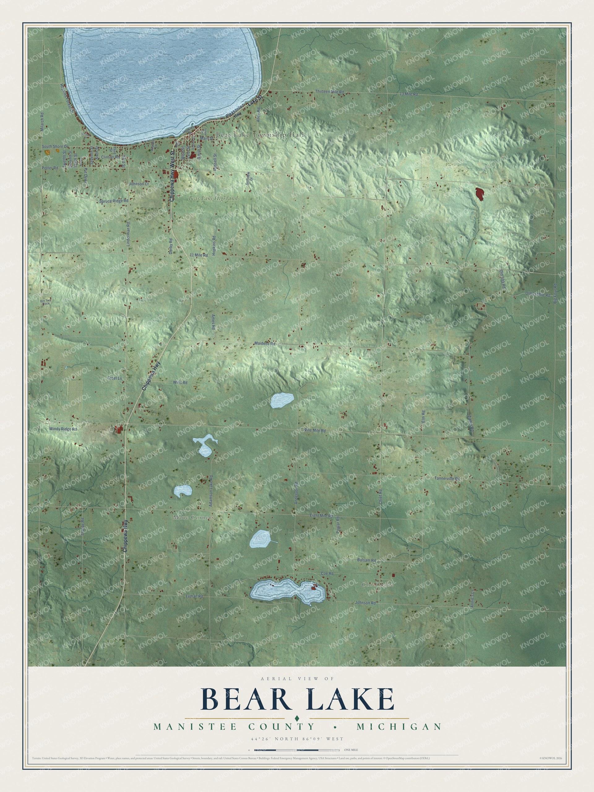 Full map of Bear Lake, Michigan, with red buildings, printed street names and the land around them