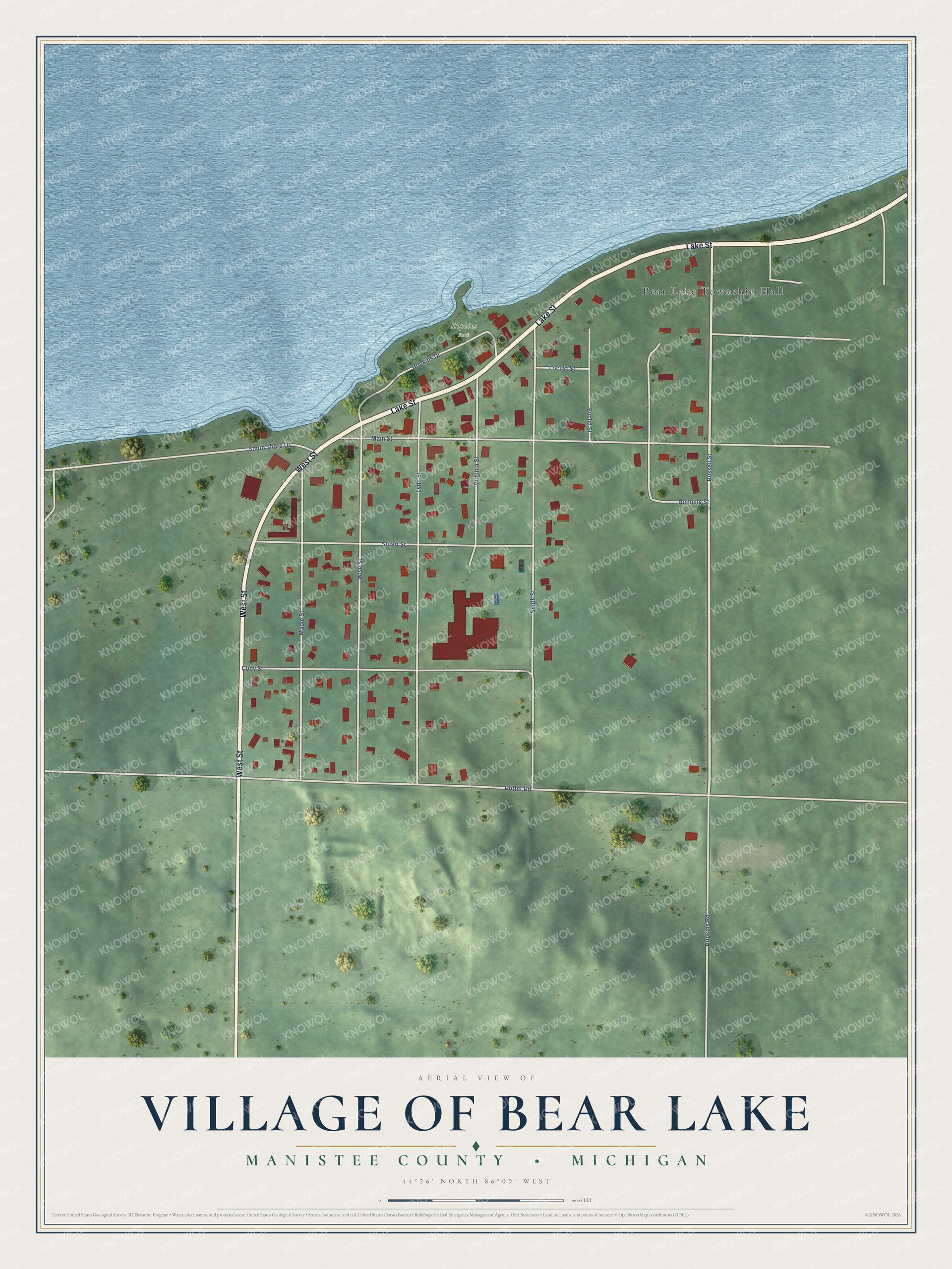 Full map of Bear Lake, Michigan, with red buildings, printed street names and the land around them