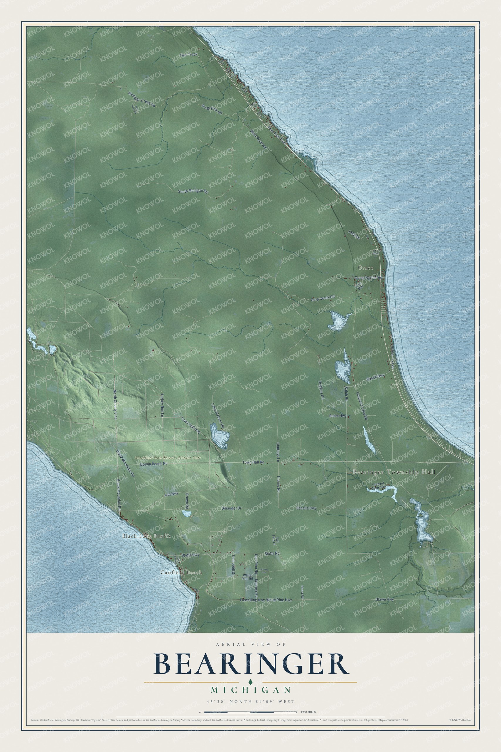 Full map of Bearinger, Michigan, with red buildings, printed street names and the land around them
