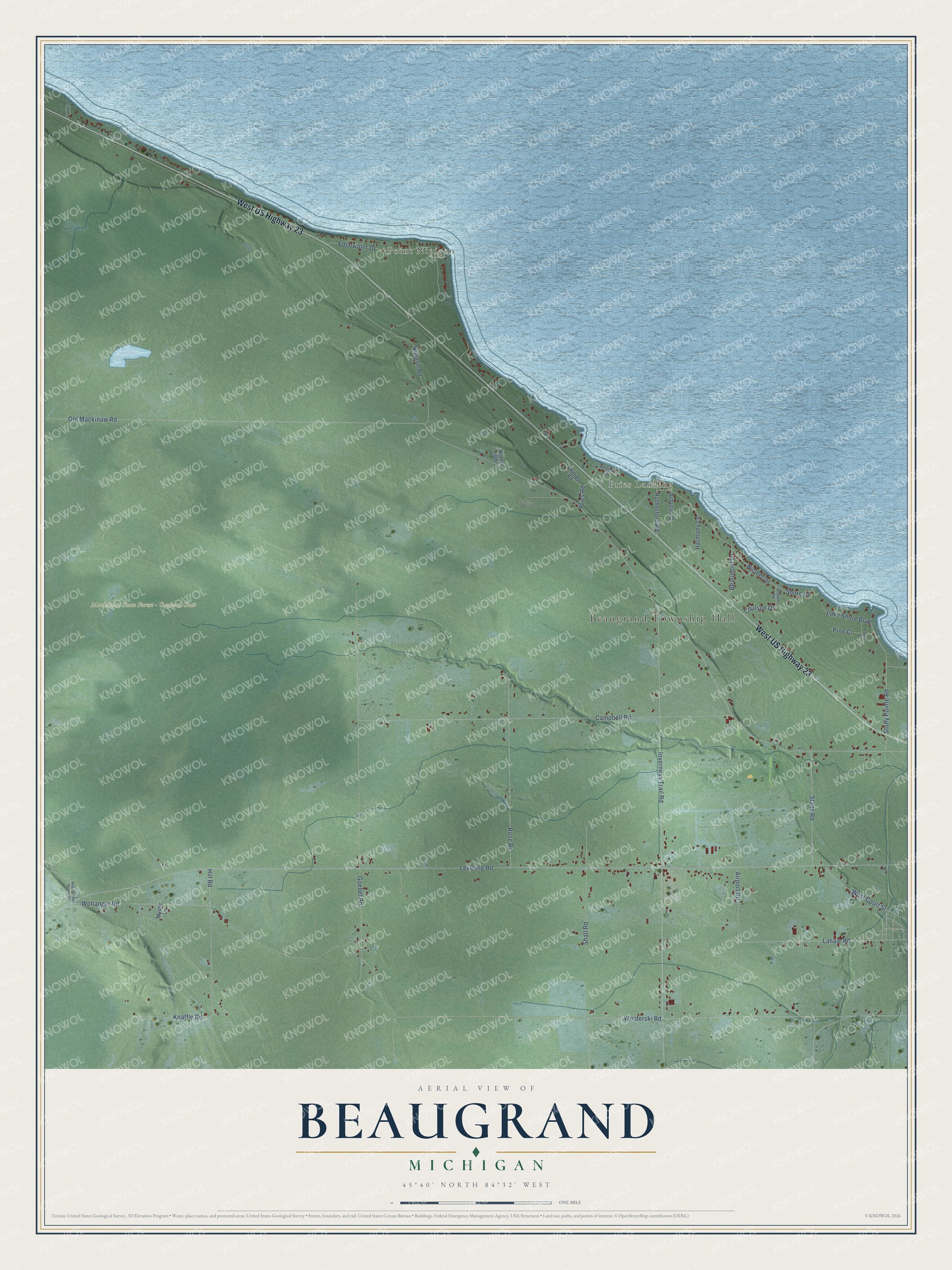 Full map of Beaugrand, Michigan, with red buildings, printed street names and the land around them