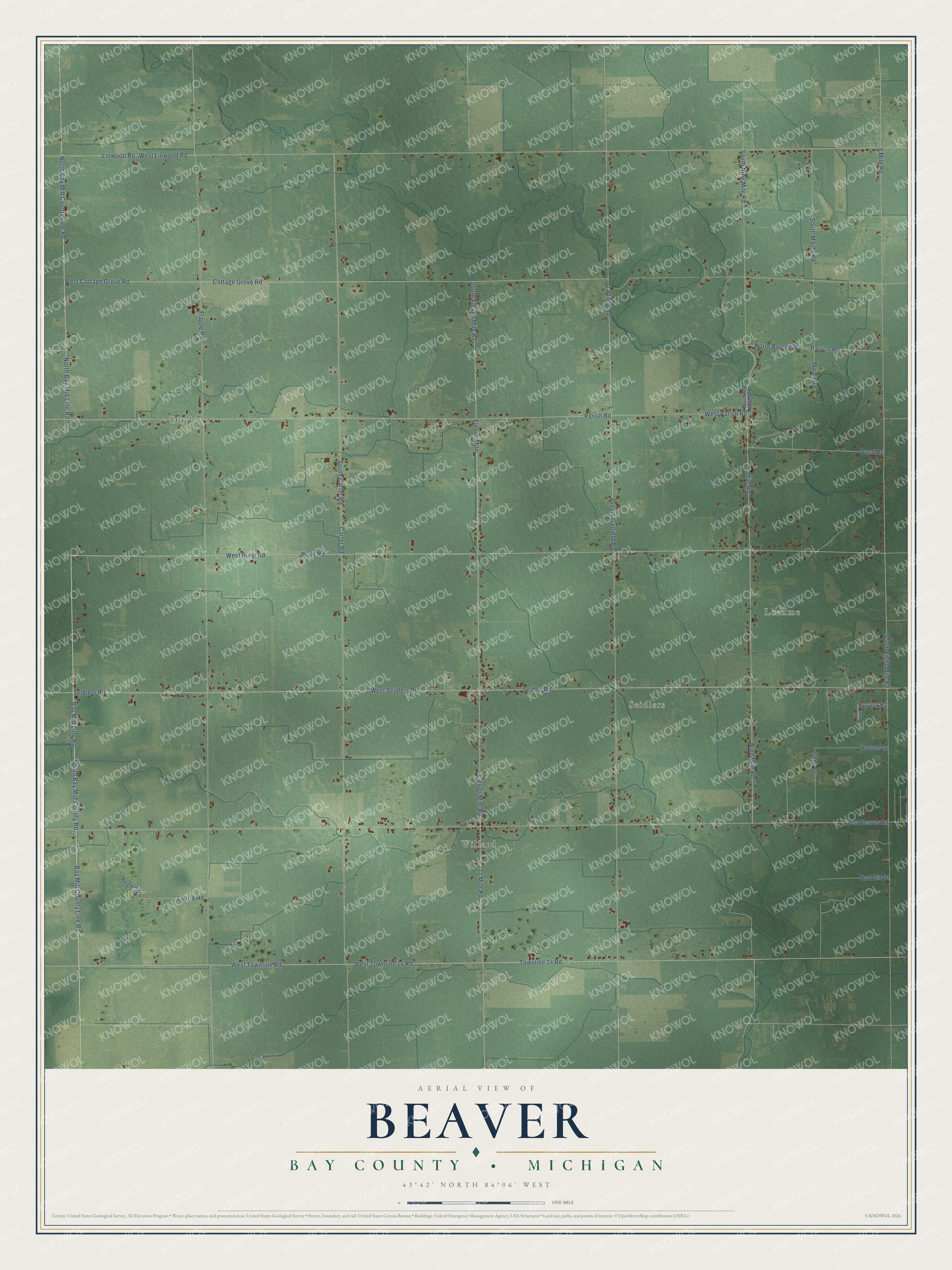 Full map of Beaver, Michigan, with red buildings, printed street names and the land around them
