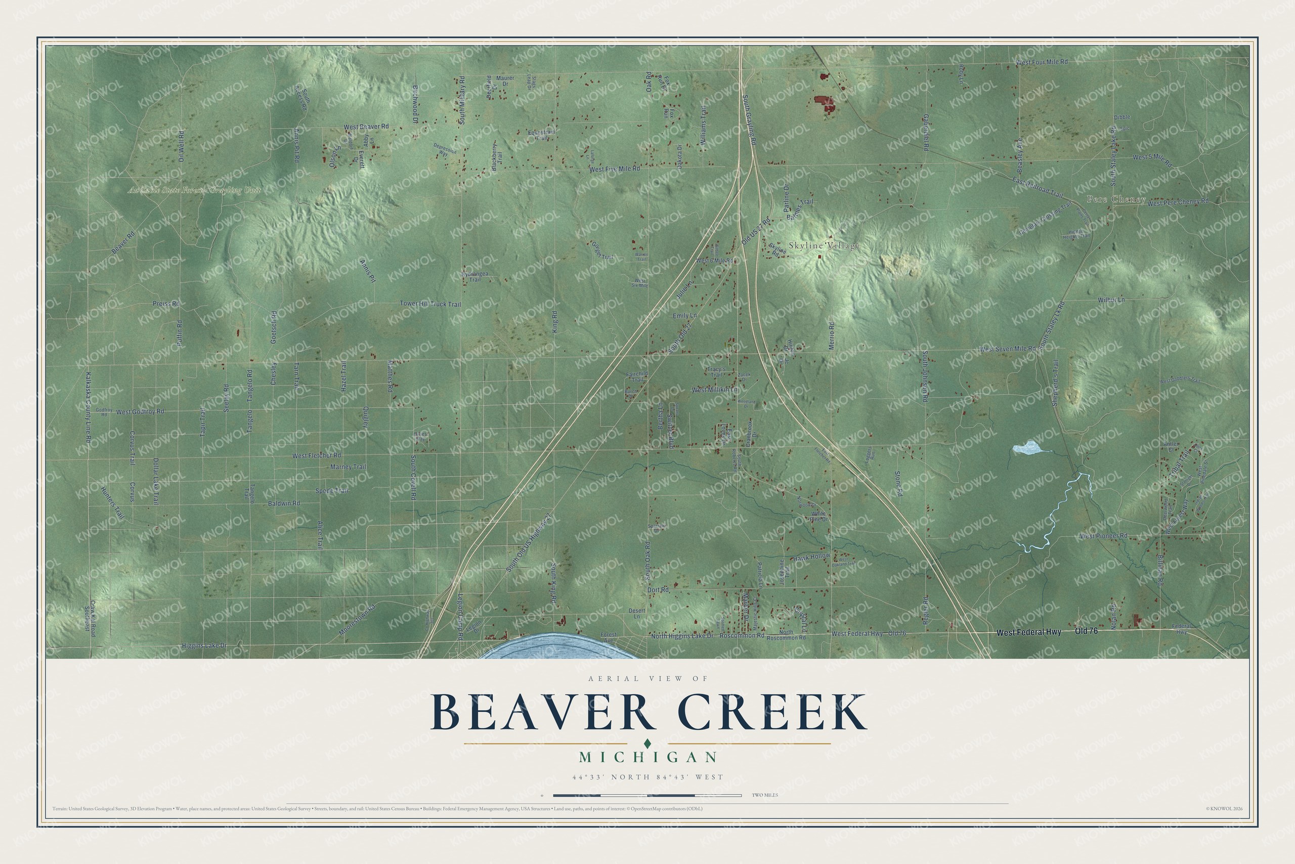 Full map of Beaver Creek, Michigan, with red buildings, printed street names and the land around them