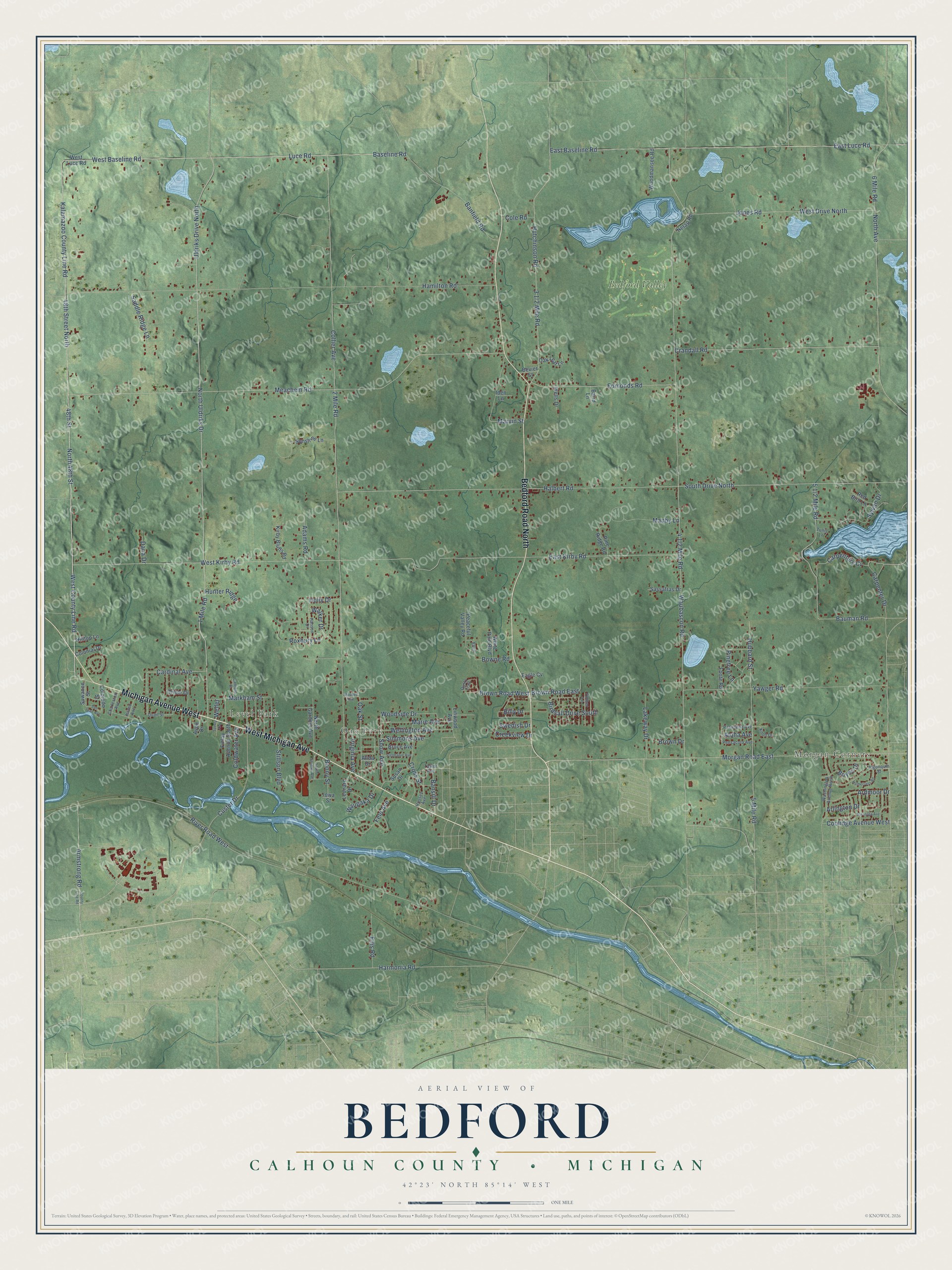 Full map of Bedford, Michigan, with red buildings, printed street names and the land around them